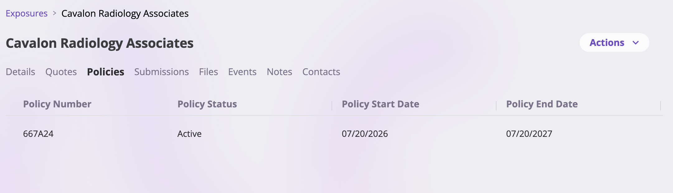 An exposure's Policies tab showing a table of linked policies with Policy Number, Status, Start Date, and End Date columns, each row linking to the policy's detail page.