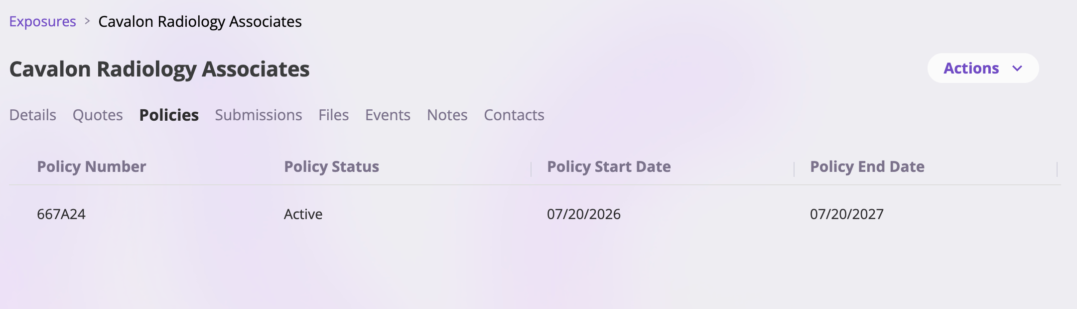 An exposure's Policies tab showing a table of linked policies with Policy Number, Status, Start Date, and End Date columns, each row linking to the policy's detail page.