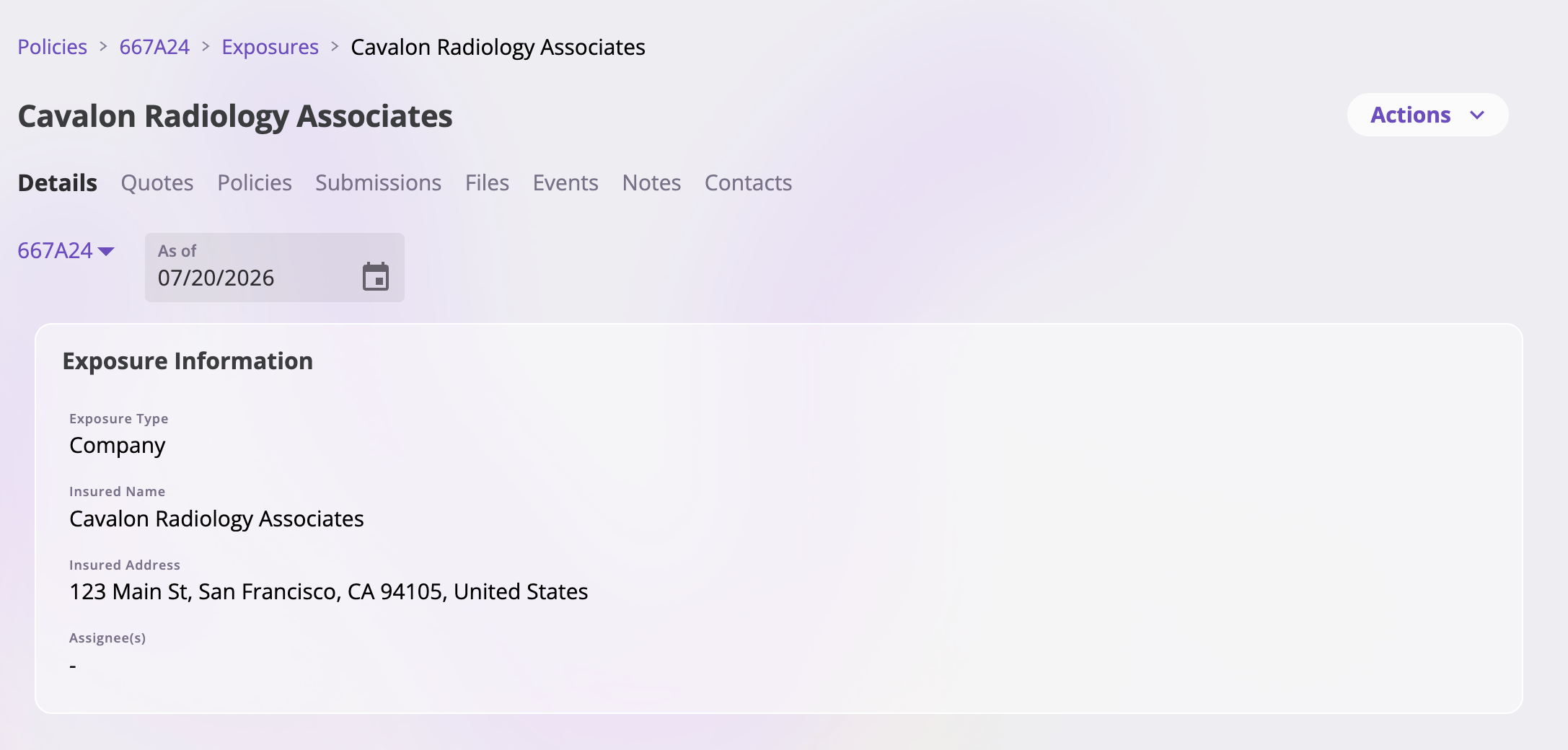An exposure's Details tab showing a context dropdown with Baseline and linked-policy options, an As of date picker shown while a policy context is selected, and the exposure's field cards below in read-only mode.