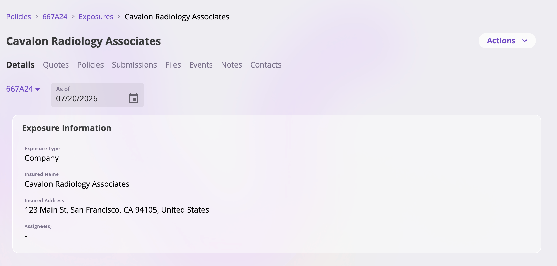 An exposure's Details tab showing a context dropdown with Baseline and linked-policy options, an As of date picker shown while a policy context is selected, and the exposure's field cards below in read-only mode.