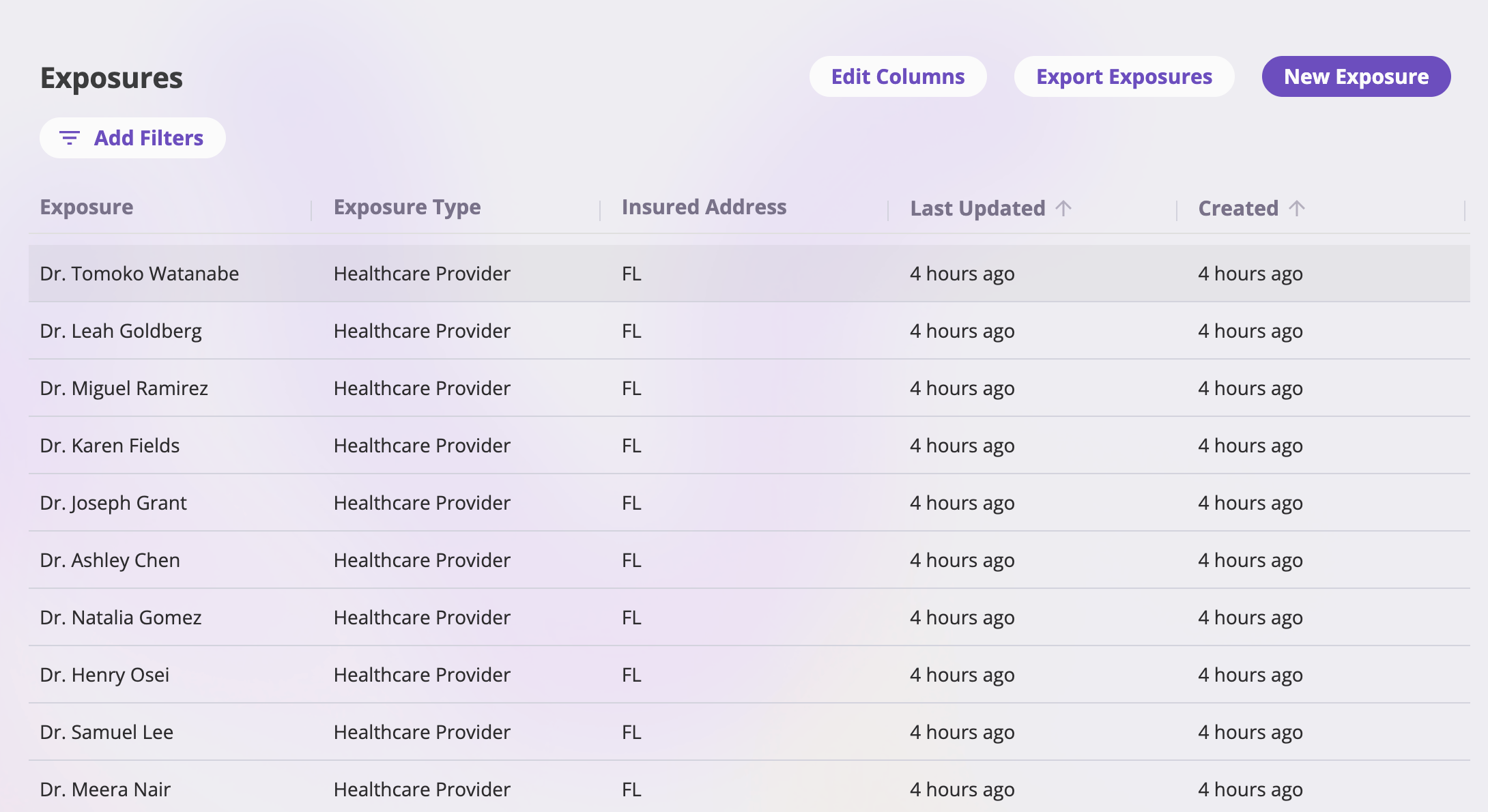 The Exposures list page showing a table with Name, Type, Address, Last Updated, and Created columns, an Add Filters button, and Edit Columns, Export Exposures, and New Exposure buttons at the top right.