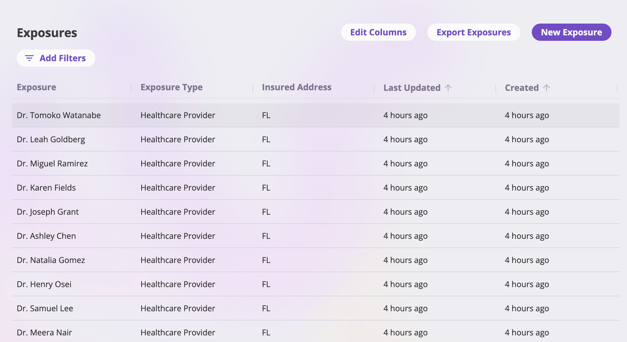 The Exposures list page showing a table with Name, Type, Address, Last Updated, and Created columns, an Add Filters button, and Edit Columns, Export Exposures, and New Exposure buttons at the top right.
