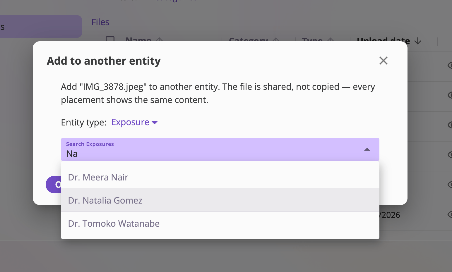 A file row with the shared icon clicked, showing a popover titled Also appears on with links to an event and Company Files.