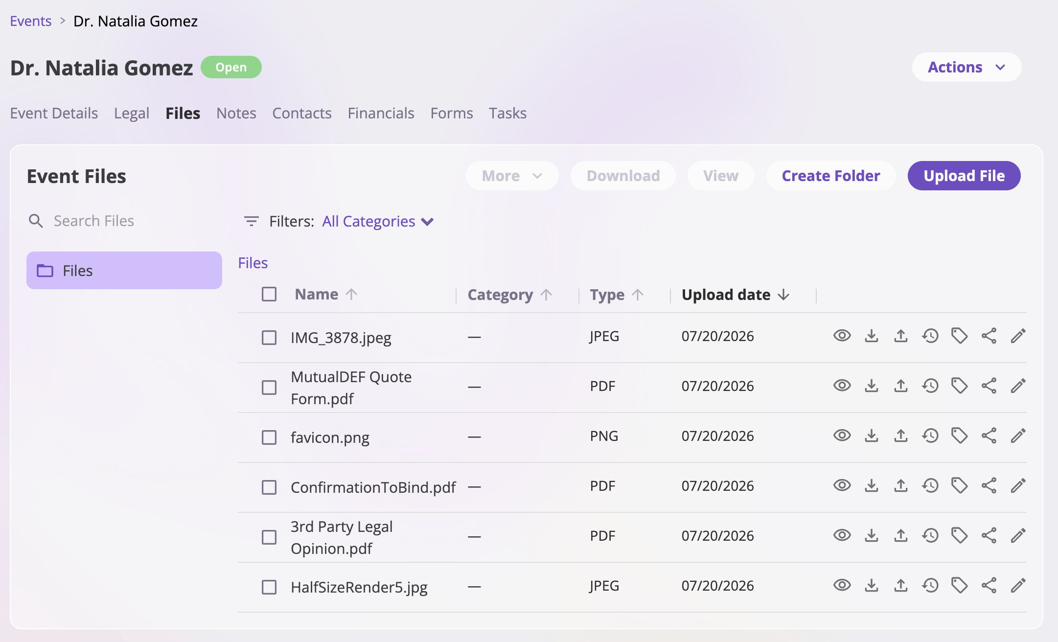 An entity's Files tab showing a folder tree sidebar, a breadcrumb, a table of folders and files with Name, Category, Type, and Upload date columns, a Search Files box, a category filter, and Create Folder and Upload File buttons.