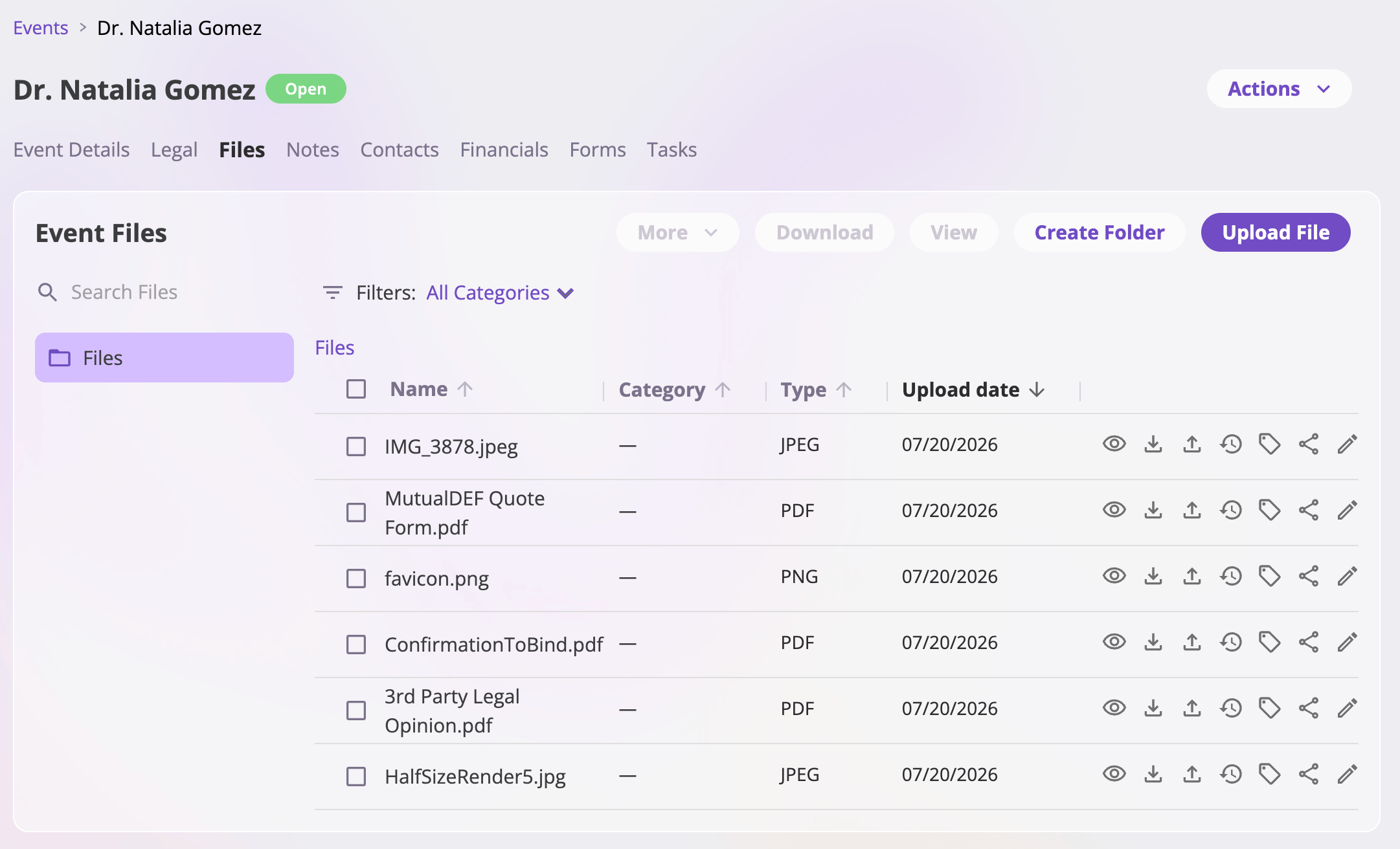 An entity's Files tab showing a folder tree sidebar, a breadcrumb, a table of folders and files with Name, Category, Type, and Upload date columns, a Search Files box, a category filter, and Create Folder and Upload File buttons.