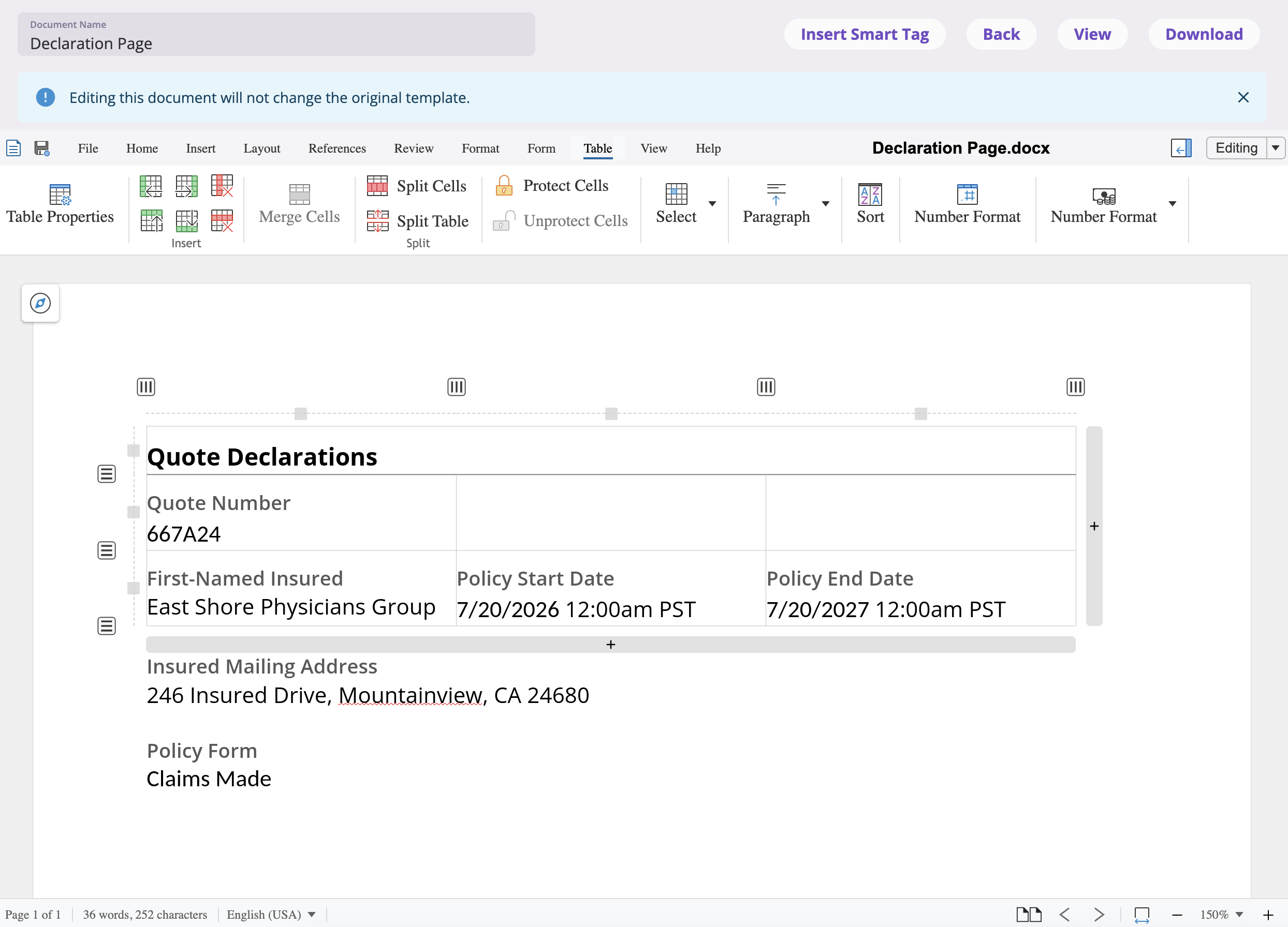 The full-screen document editor showing a generated form with a Document Name field, Insert Smart Tag and Refresh Smart Tags buttons, an Edit/View toggle, and Download and Back buttons.