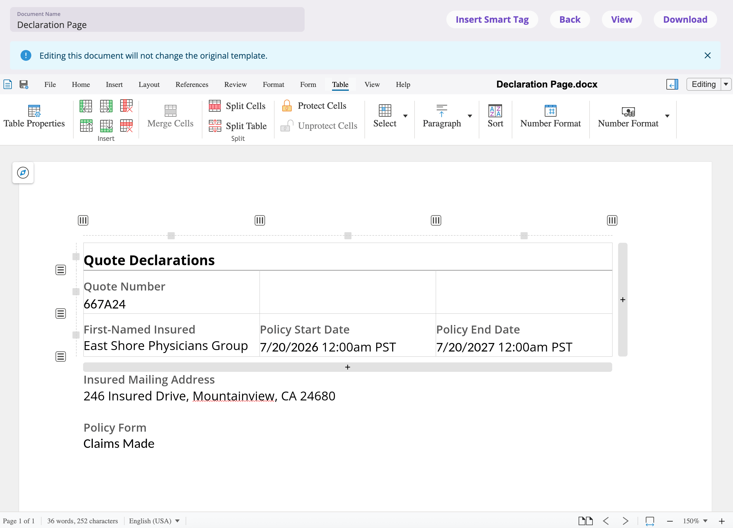The full-screen document editor showing a generated form with a Document Name field, Insert Smart Tag and Refresh Smart Tags buttons, an Edit/View toggle, and Download and Back buttons.