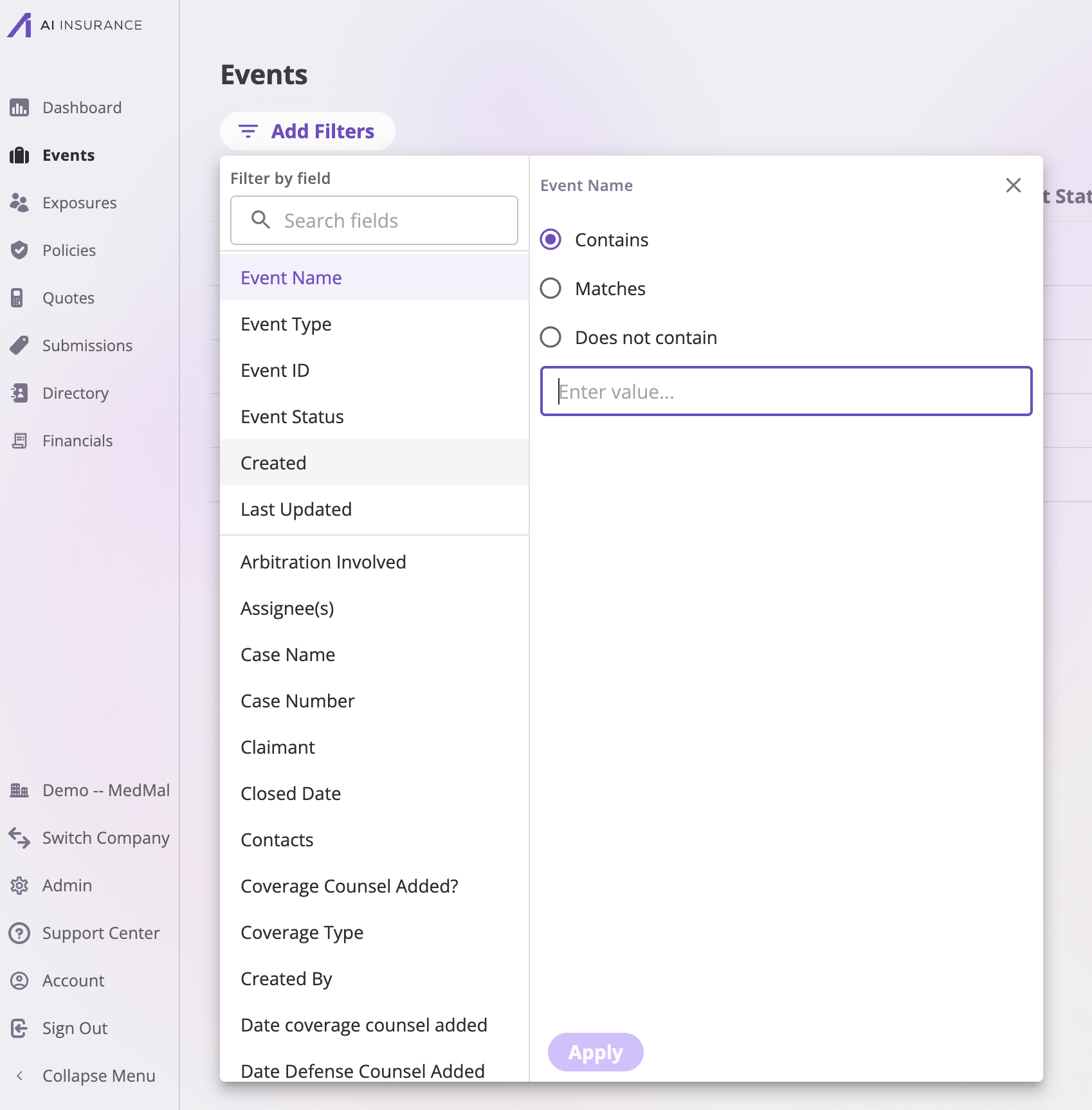 The Policies list with the Add Filters button, two active filter pills below the toolbar, sortable column headers, and Edit Columns and Export buttons at the top right.