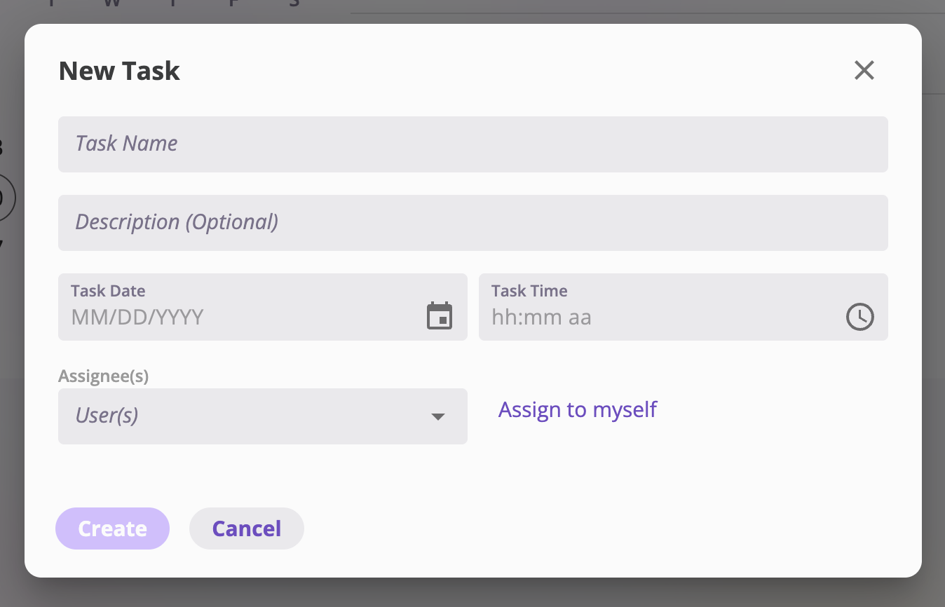 The New Task dialog with Task Name and Description fields, Task Date and Task Time fields side by side, an Assignee(s) multi-select with an Assign to myself link, and Create and Cancel buttons.