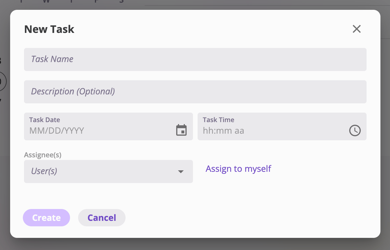 The New Task dialog with Task Name and Description fields, Task Date and Task Time fields side by side, an Assignee(s) multi-select with an Assign to myself link, and Create and Cancel buttons.
