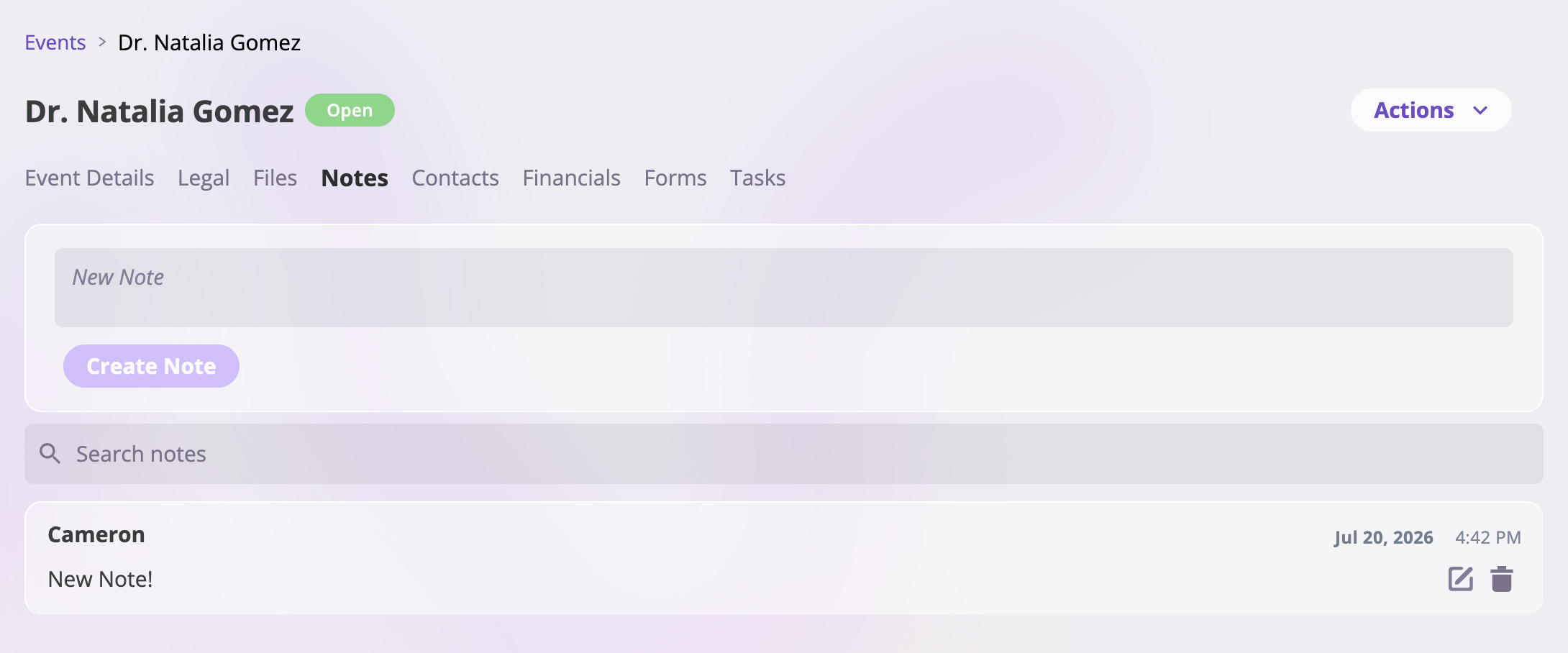 An entity's Notes tab showing a New Note text box with a Create Note button, a Search notes box, and a list of note cards each with an author name, date and time, note text, and edit and delete icons.