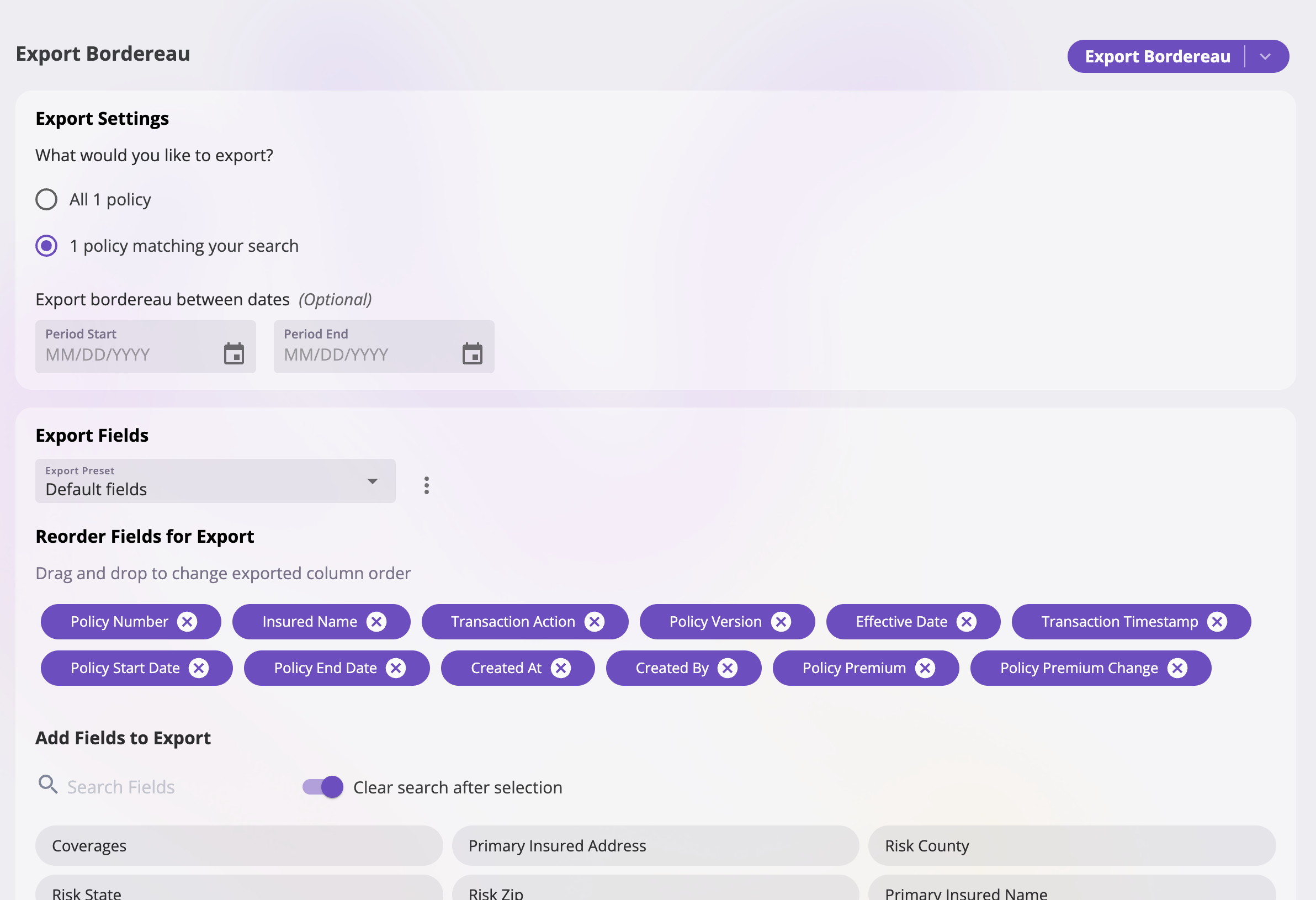 The Export Bordereau page showing scope radio buttons for all policies versus policies matching your search, a date-range control, a column selector with the twelve default bordereau columns and additional policy fields, a saved presets dropdown, and an Export Bordereau button offering Google Drive, Excel, and CSV.