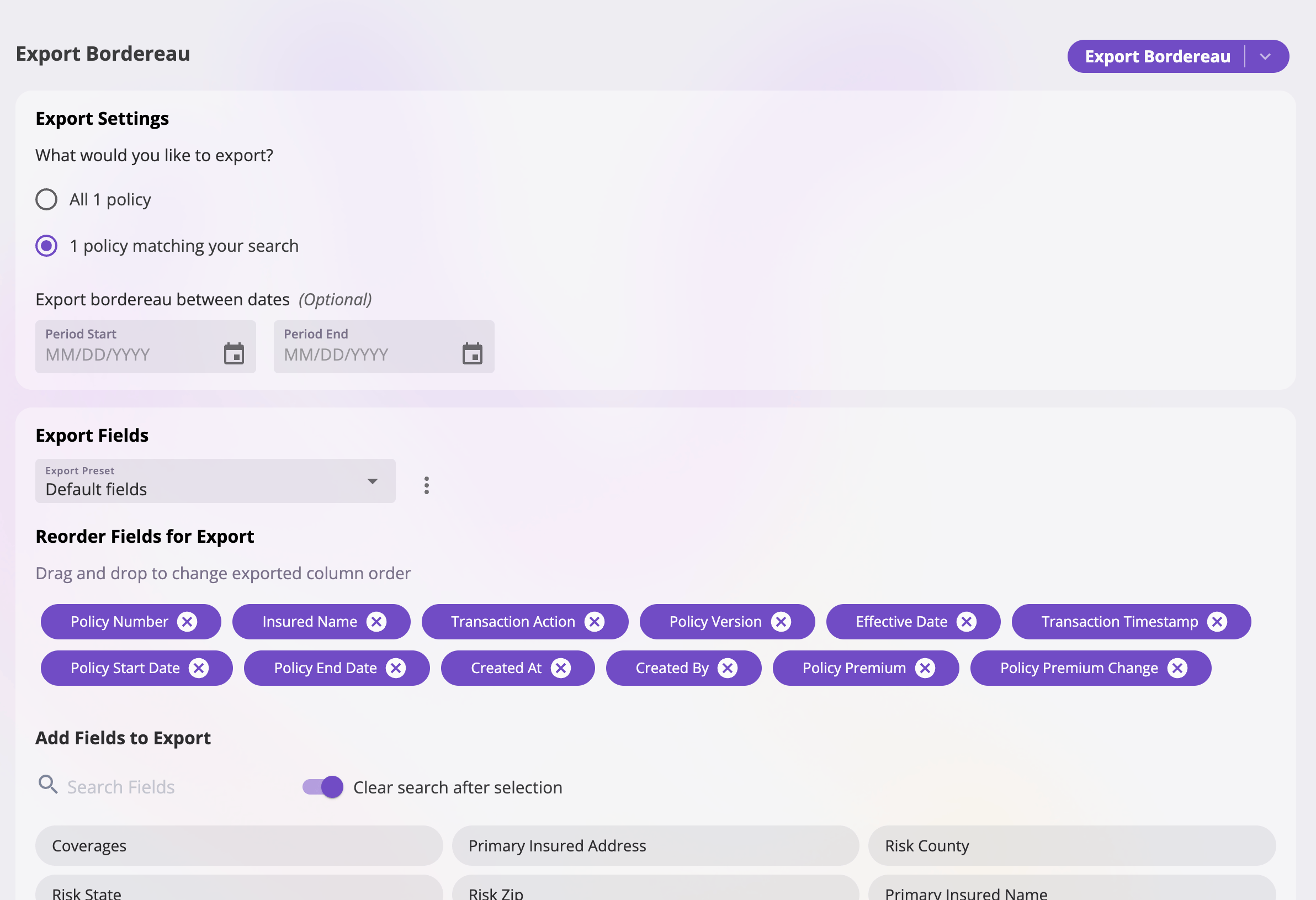 The Export Bordereau page showing scope radio buttons for all policies versus policies matching your search, a date-range control, a column selector with the twelve default bordereau columns and additional policy fields, a saved presets dropdown, and an Export Bordereau button offering Google Drive, Excel, and CSV.
