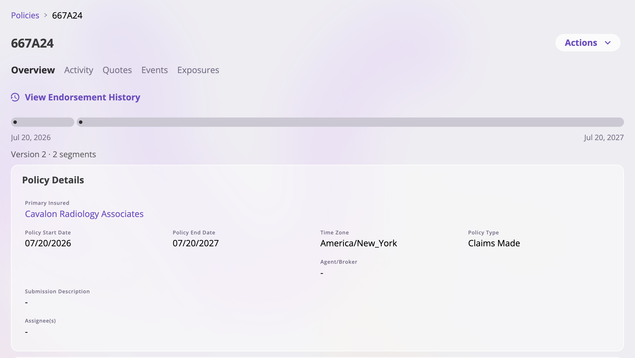 A policy's Overview tab showing the policy number header with an Actions menu, a horizontal term timeline bar with segment pills and endorsement dots, a version and segment count line, Renewed From and Renewed Into links, and read-only cards of policy fields below.