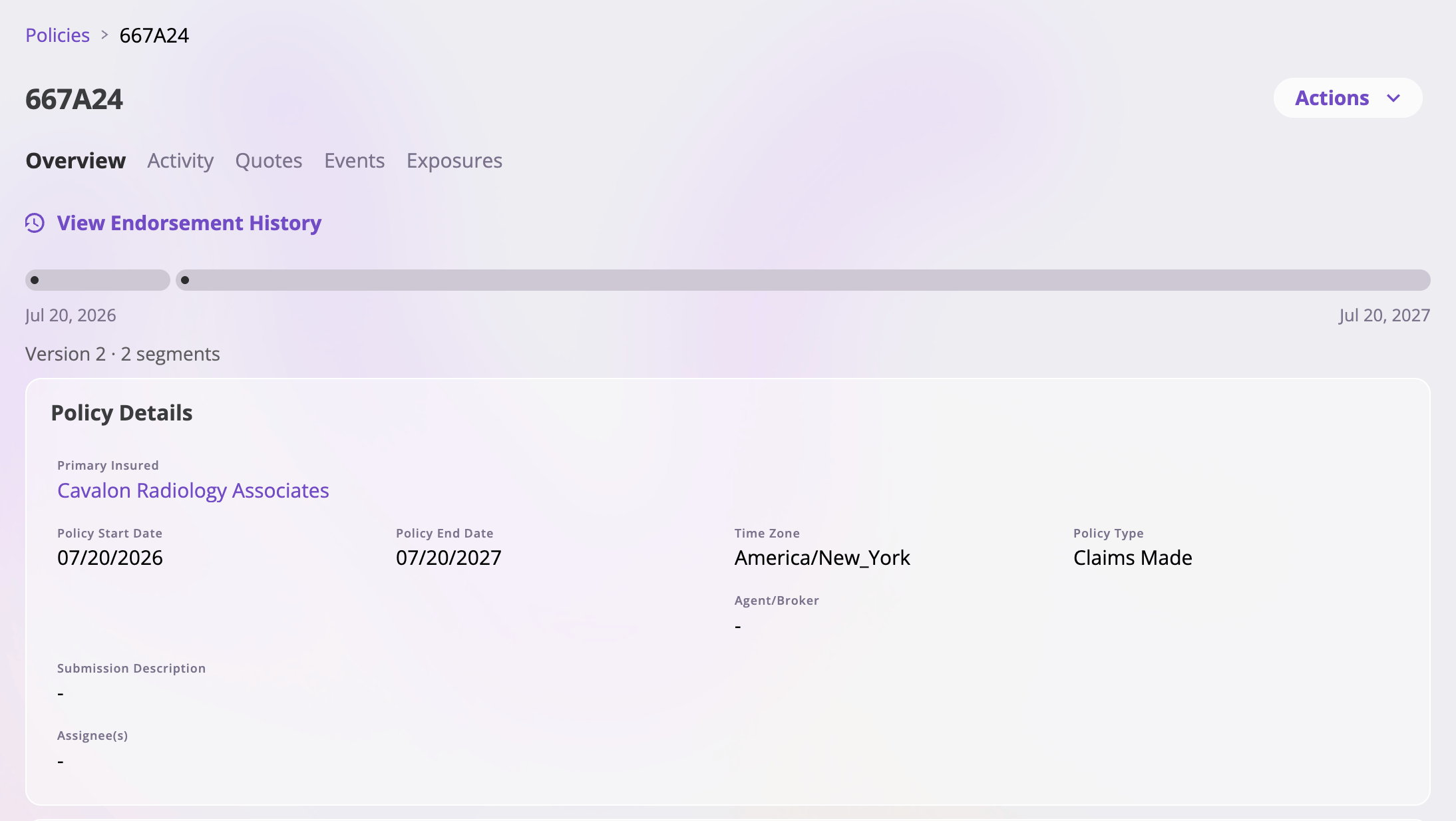 A policy's Overview tab showing the policy number header with an Actions menu, a horizontal term timeline bar with segment pills and endorsement dots, a version and segment count line, Renewed From and Renewed Into links, and read-only cards of policy fields below.