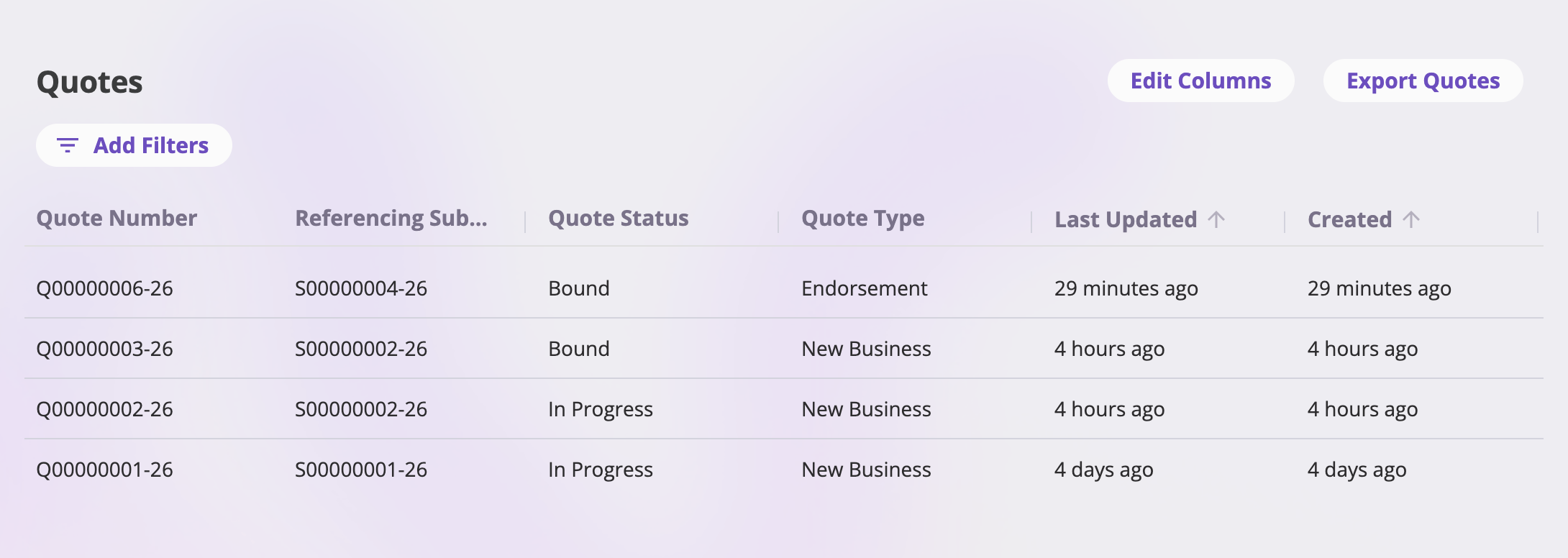 The Quotes list page showing columns Quote Number, Submission, Status, Type, Last Updated, and Created, an Add Filters button above the table, and toolbar buttons Edit Columns and Export Quotes.