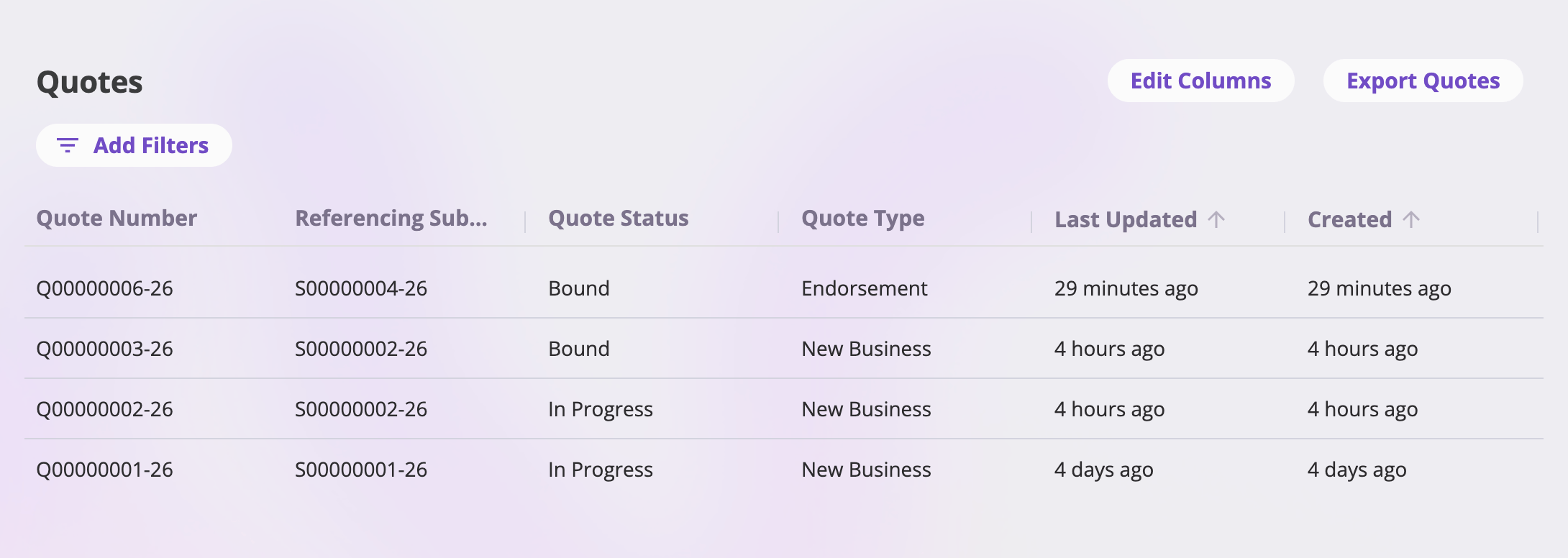 The Quotes list page showing columns Quote Number, Submission, Status, Type, Last Updated, and Created, an Add Filters button above the table, and toolbar buttons Edit Columns and Export Quotes.