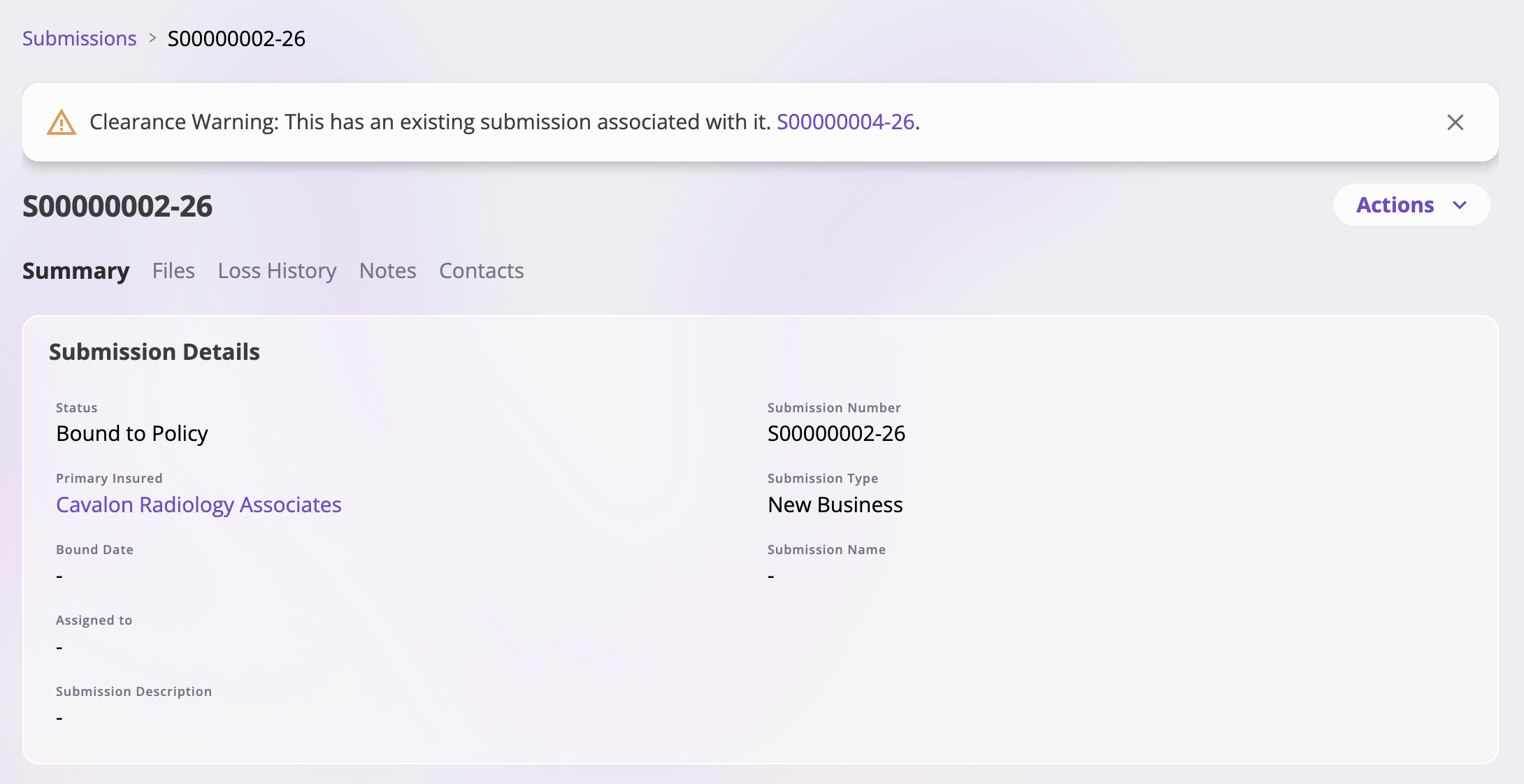A submission detail page with a warning banner reading 'Clearance Warning: This has an existing submission associated with it' followed by a clickable submission number link.