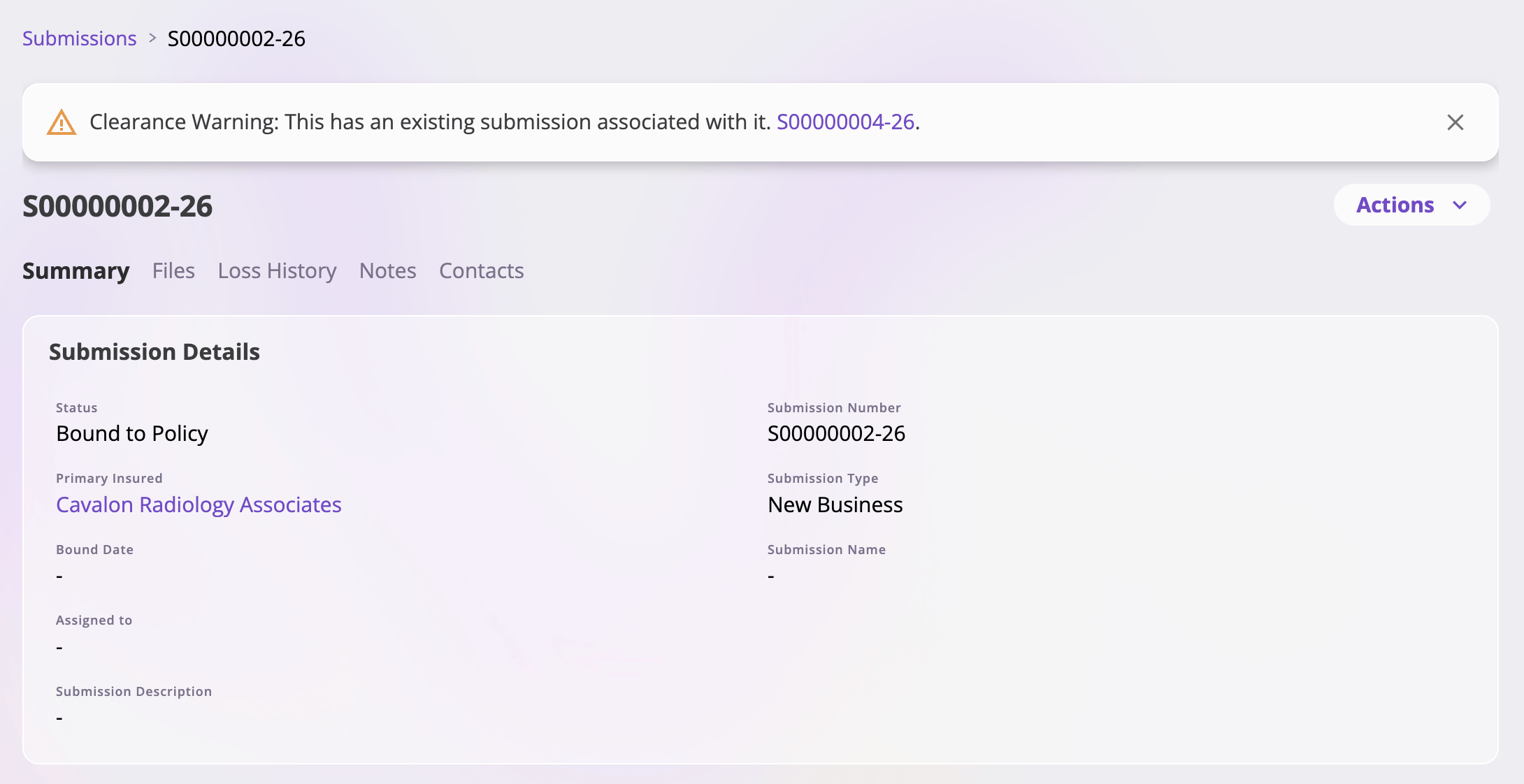 A submission detail page with a warning banner reading 'Clearance Warning: This has an existing submission associated with it' followed by a clickable submission number link.