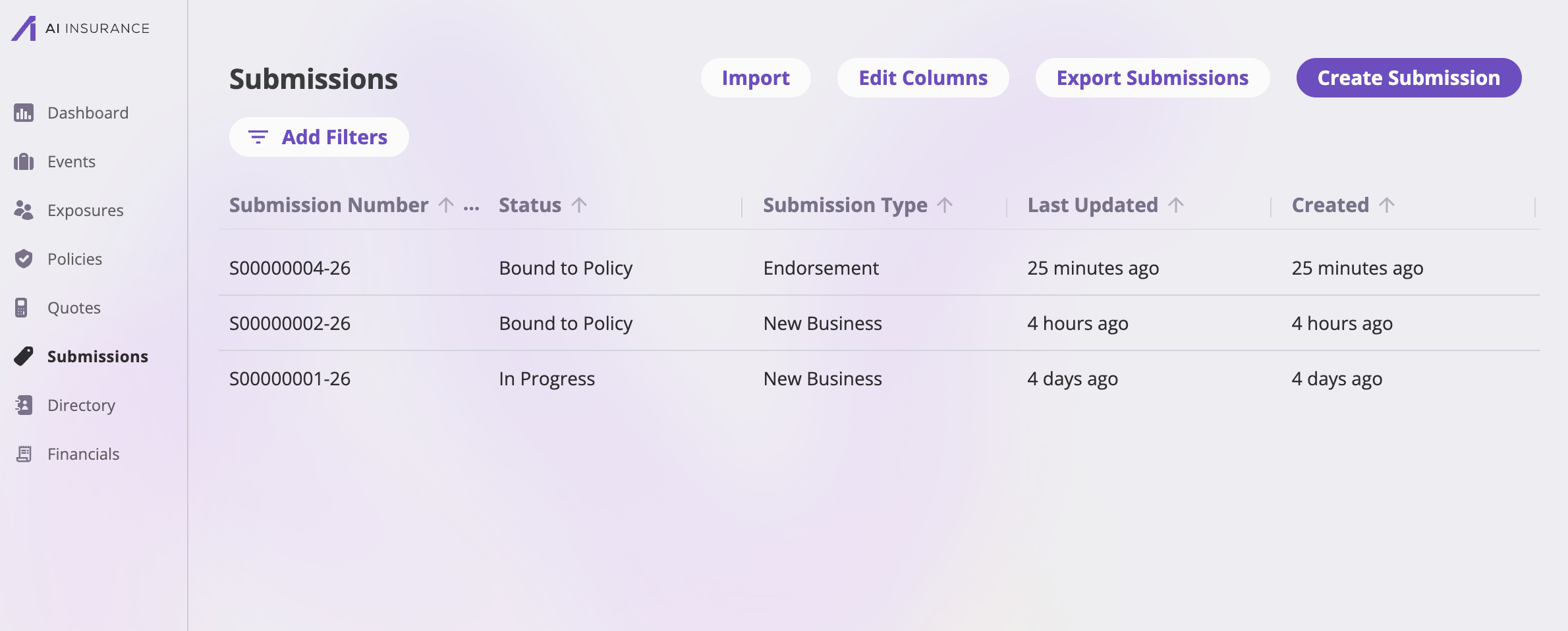 The Submissions list page with columns for Submission Number, Name, Status, Type, Last Updated, and Created, and toolbar buttons Import, Edit Columns, Export Submissions, and Create Submission.