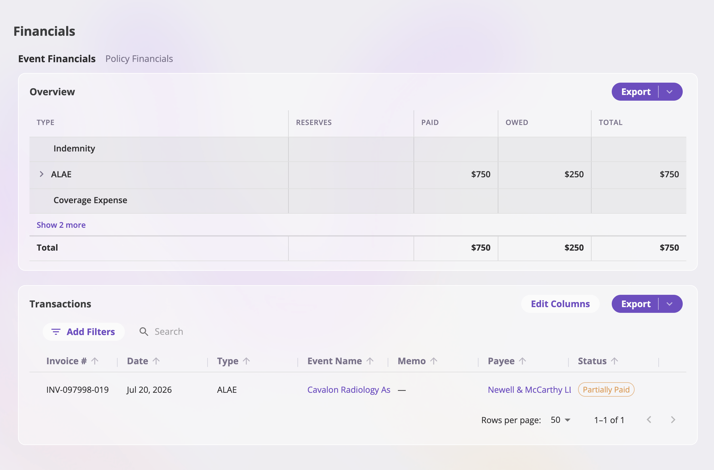 The Financials section's Event Financials tab showing an Overview report with Reserves, Owed, Paid, and Total columns, and below it a paginated Transactions listing with Date, Type, Memo, Payee, Event, Status, Paid Date, and Amount columns, a filter bar with a search box, and an Export button.