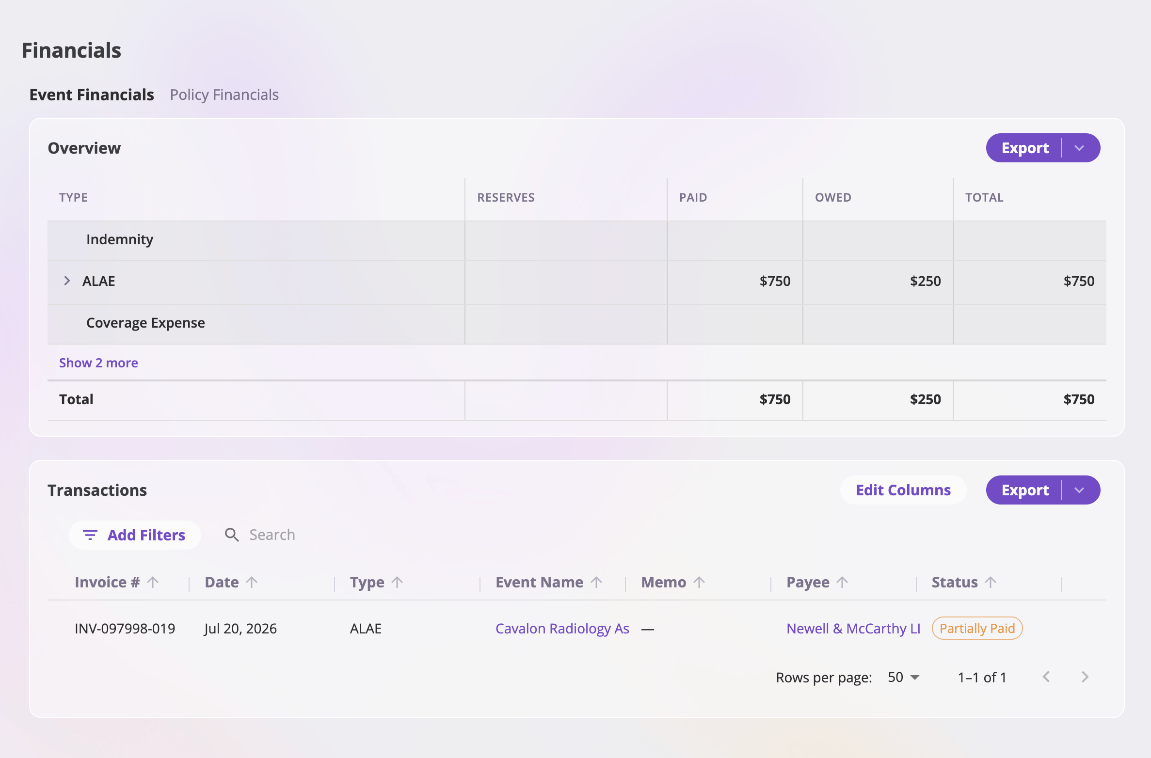 The Financials section's Event Financials tab showing an Overview report with Reserves, Owed, Paid, and Total columns, and below it a paginated Transactions listing with Date, Type, Memo, Payee, Event, Status, Paid Date, and Amount columns, a filter bar with a search box, and an Export button.