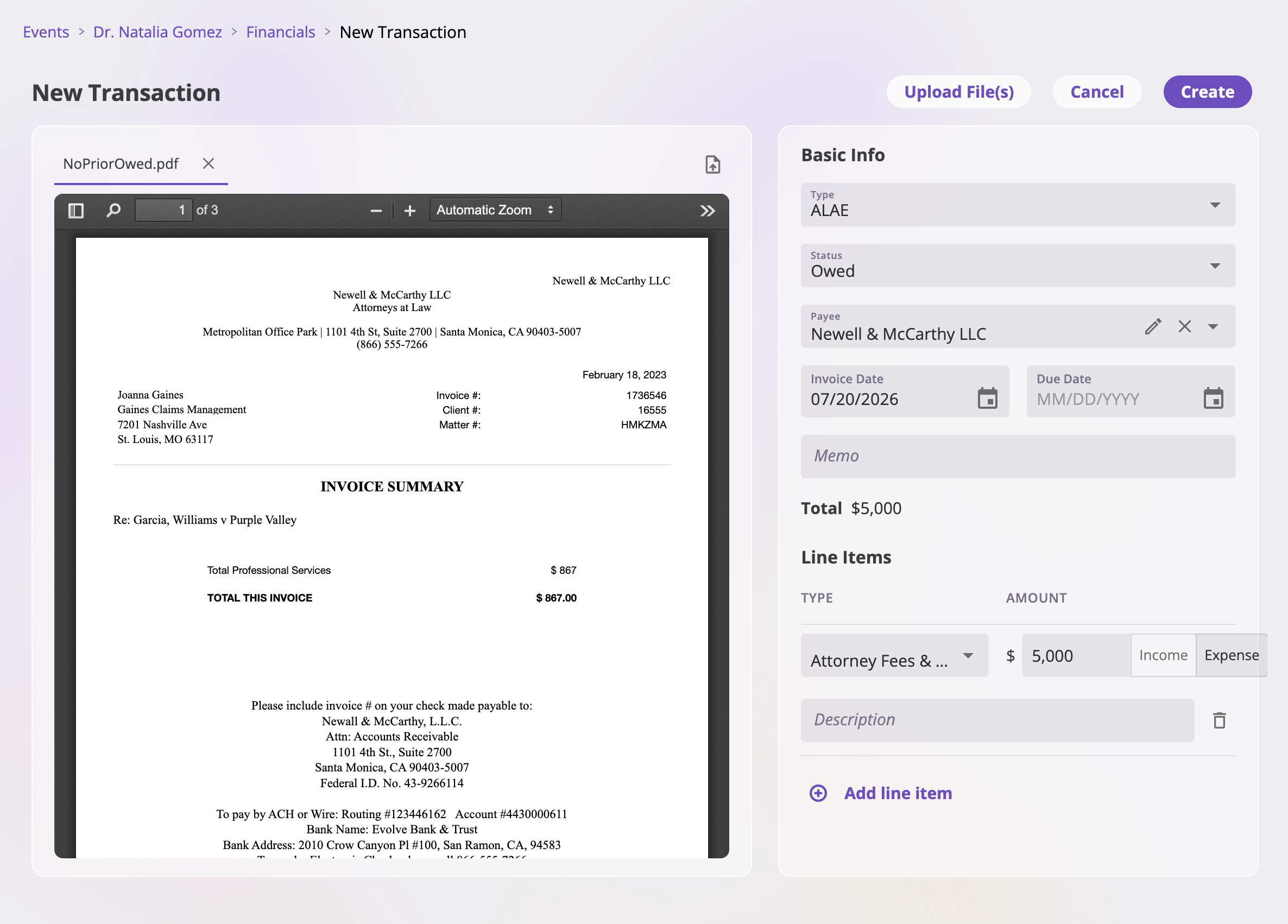 The New Transaction page with a file drop zone for attaching invoice PDFs on the left, and on the right a Basic Info card with Type, Status (Owed/Paid), Payee, Invoice Date, Due Date, Memo, and line item rows with income and expense amounts, plus Upload File(s), Cancel, and Create buttons in the header.