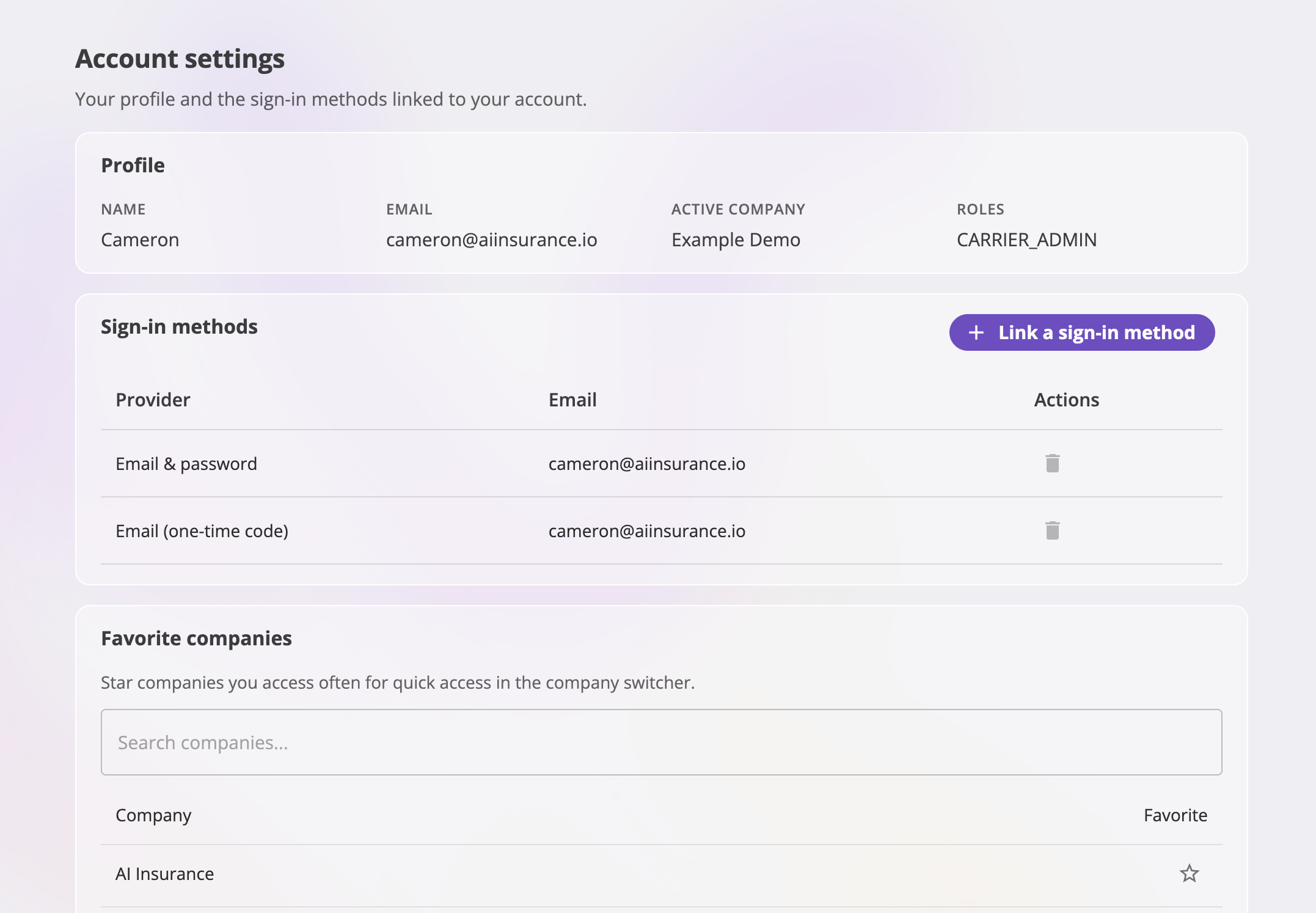 The Account settings page with three cards: Profile (name, email, active company, roles), Sign-in methods (a table of linked providers with a Link a sign-in method button), and Favorite companies.