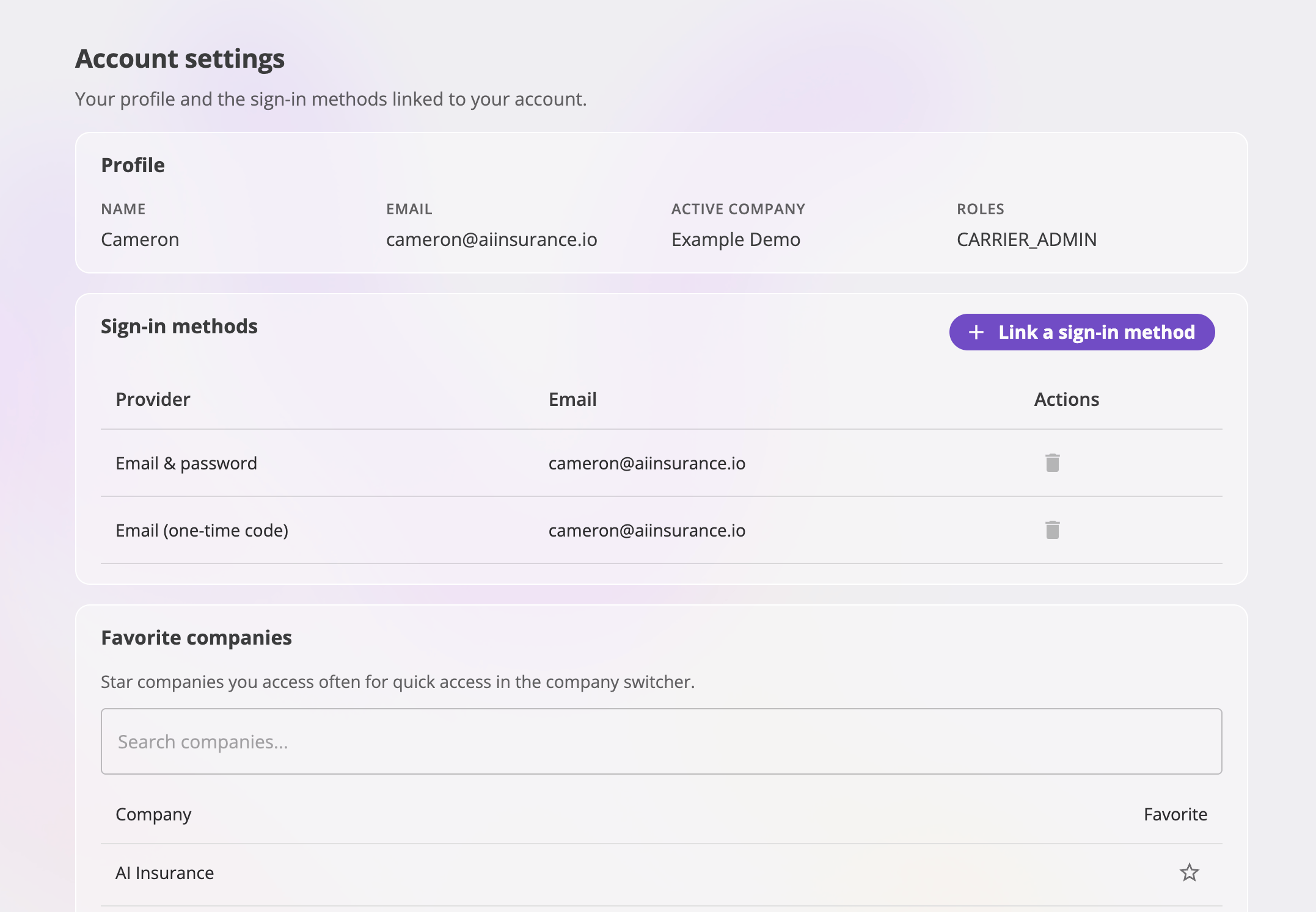 The Account settings page with three cards: Profile (name, email, active company, roles), Sign-in methods (a table of linked providers with a Link a sign-in method button), and Favorite companies.