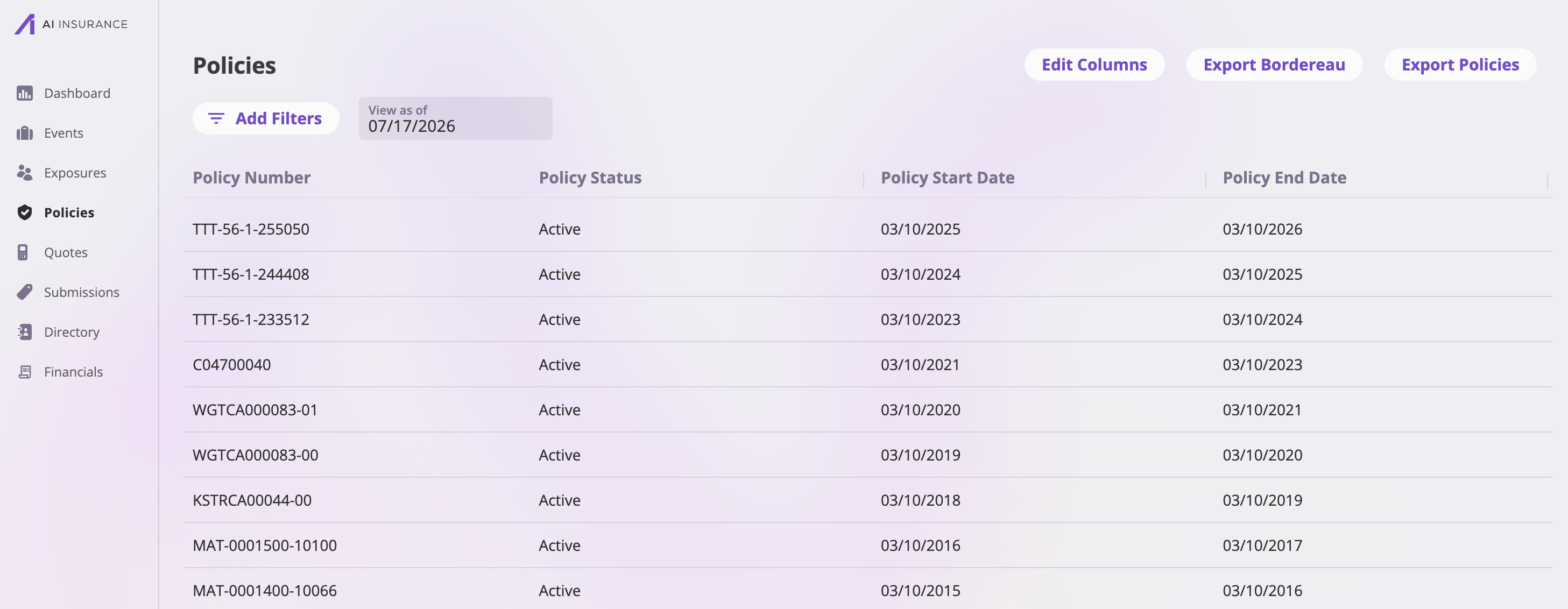 The AI Insurance app with the left sidebar showing Dashboard, Events, Exposures, Policies, Quotes, Submissions, Directory, and Financials, breadcrumbs across the top, and the Policies list page filling the main area.