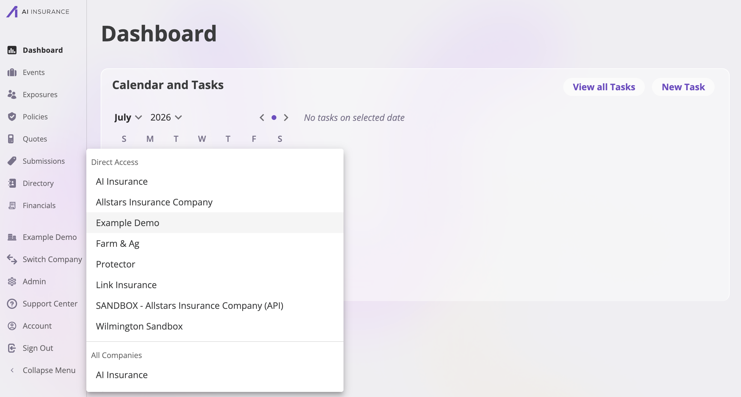 The sidebar with the Switch Company menu open, showing a list of company names to choose from.