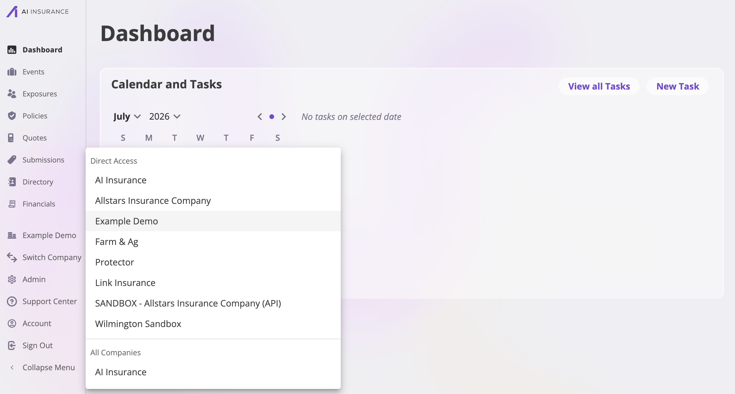 The sidebar with the Switch Company menu open, showing a list of company names to choose from.