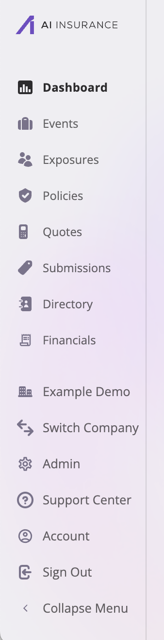 The expanded sidebar showing Dashboard, Events, Exposures, Policies, Quotes, Submissions, Directory, and Financials in the top group, and the company name, Switch Company, Support Center, Account, Sign Out, and Collapse Menu in the bottom group.