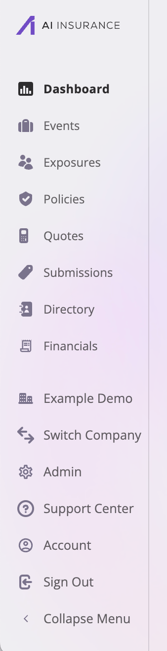 The expanded sidebar showing Dashboard, Events, Exposures, Policies, Quotes, Submissions, Directory, and Financials in the top group, and the company name, Switch Company, Support Center, Account, Sign Out, and Collapse Menu in the bottom group.