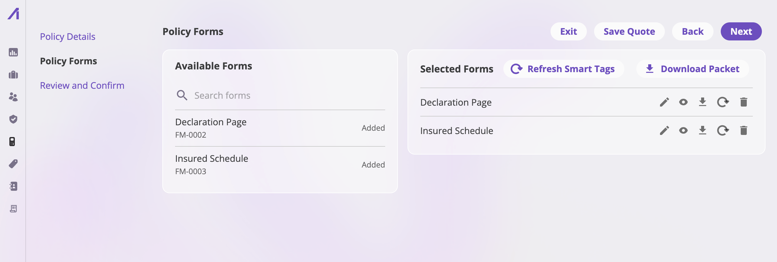 The bind flow's Policy Forms step with a searchable policy form template picker on the left and the selected policy forms on the right, each row offering Edit, Preview, Download, Refresh Smart Tags, and Remove.