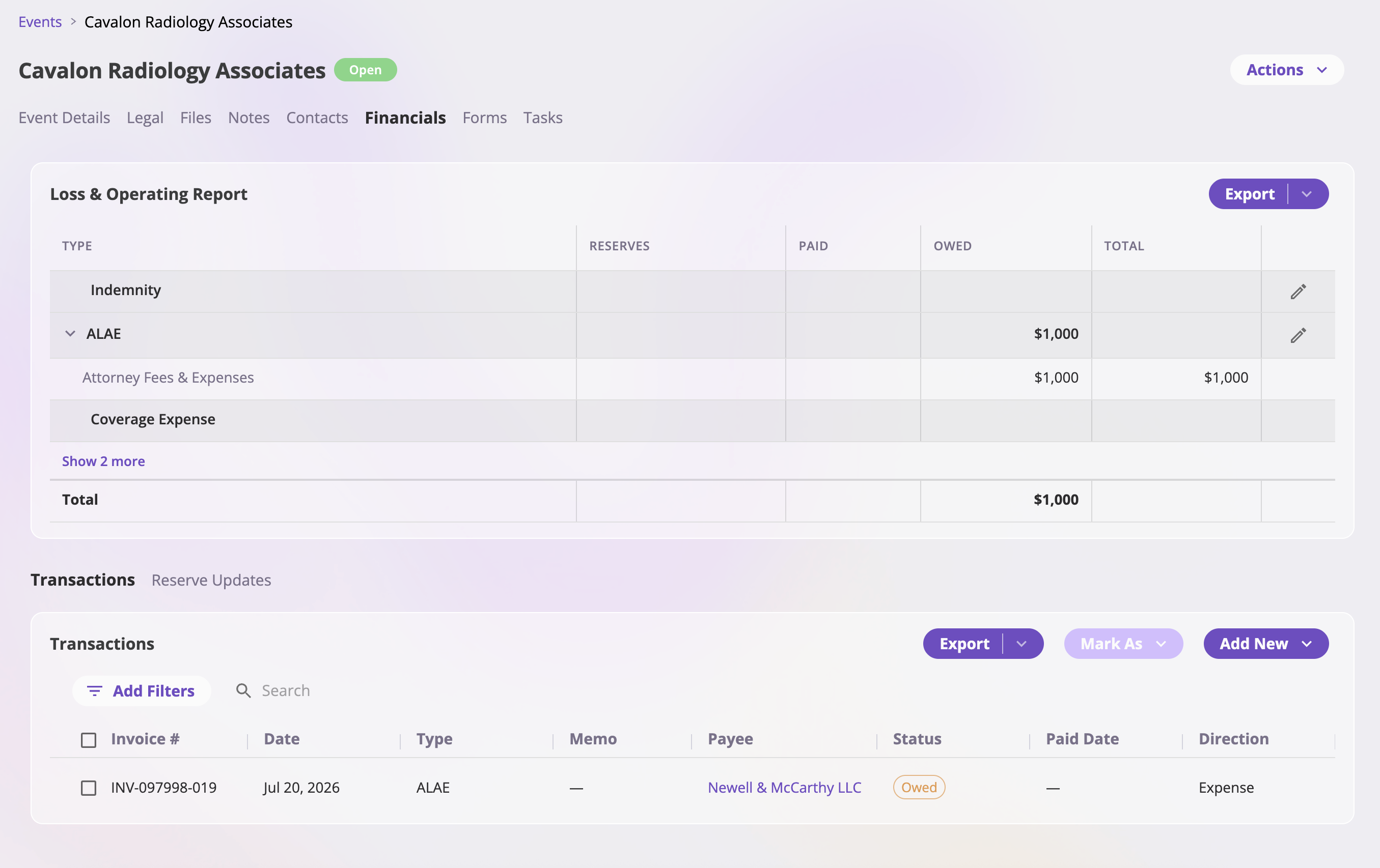 An event's Financials tab showing the Loss & Operating Report with Reserves, Owed, Paid, and Total columns per transaction type, and below it sub-tabs for Transactions and Reserve Updates with an invoice listing and an Add New button.
