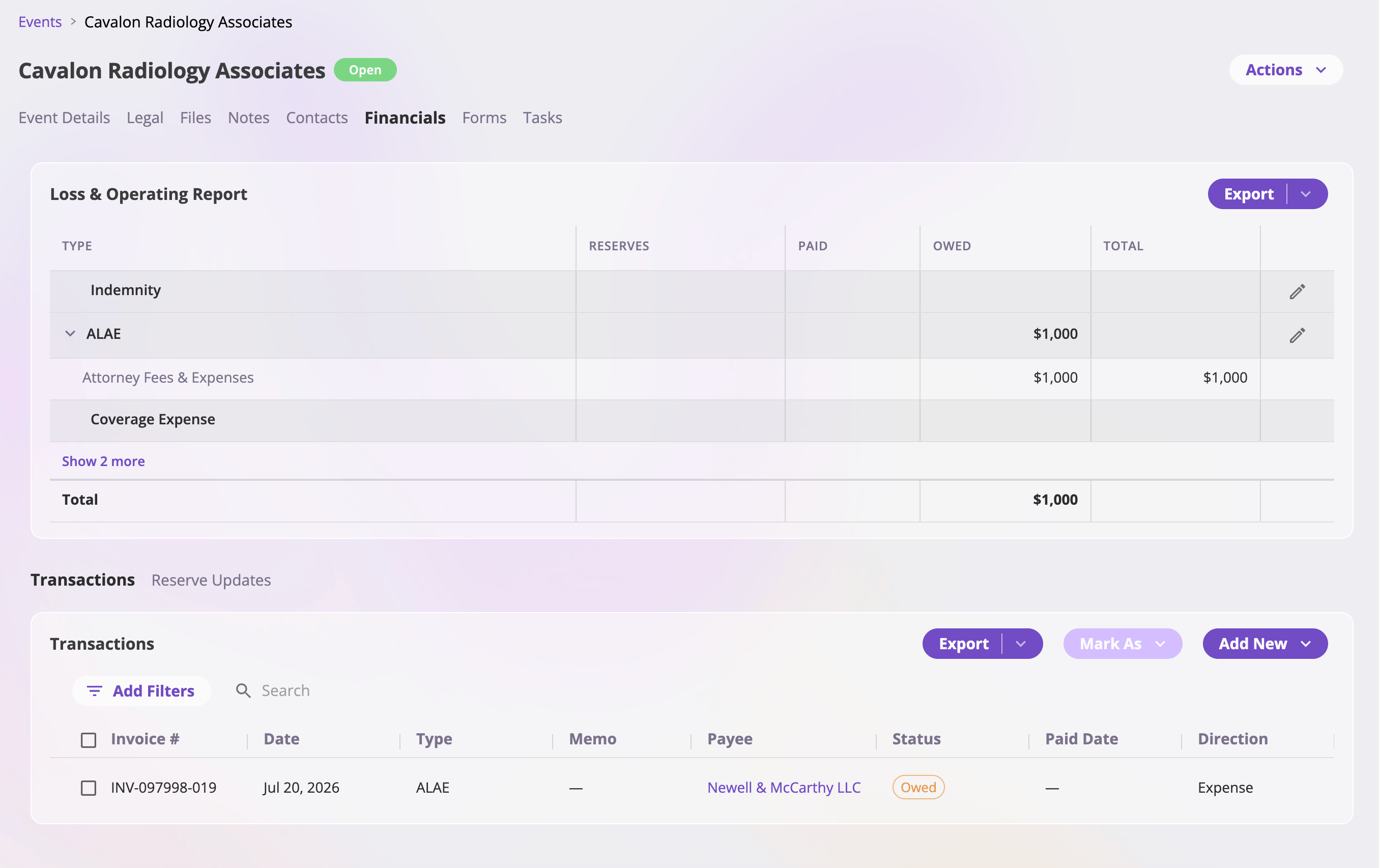 An event's Financials tab showing the Loss & Operating Report with Reserves, Owed, Paid, and Total columns per transaction type, and below it sub-tabs for Transactions and Reserve Updates with an invoice listing and an Add New button.