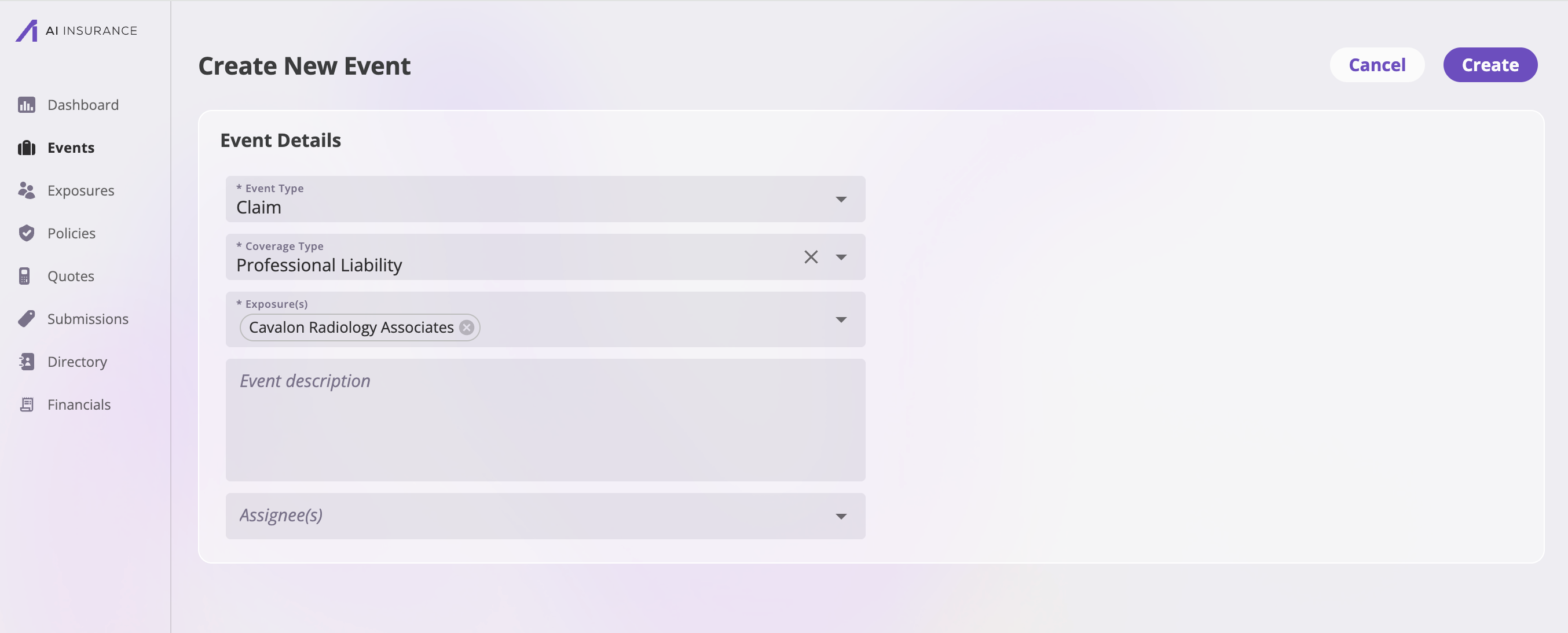 The Create New Event page with configuration-driven fields such as event type (claim or incident), coverage type, description, assignee, and related exposures, and Cancel and Create buttons at the top right.