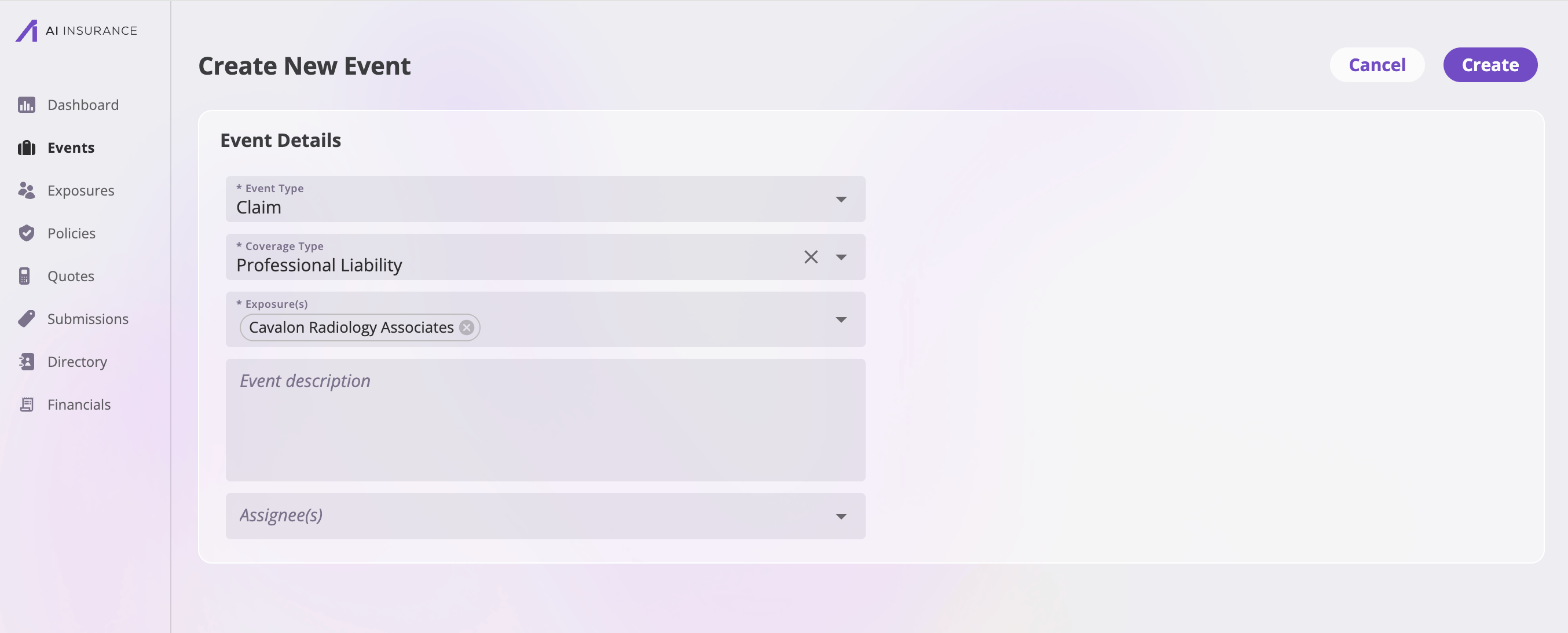 The Create New Event page with configuration-driven fields such as event type (claim or incident), coverage type, description, assignee, and related exposures, and Cancel and Create buttons at the top right.