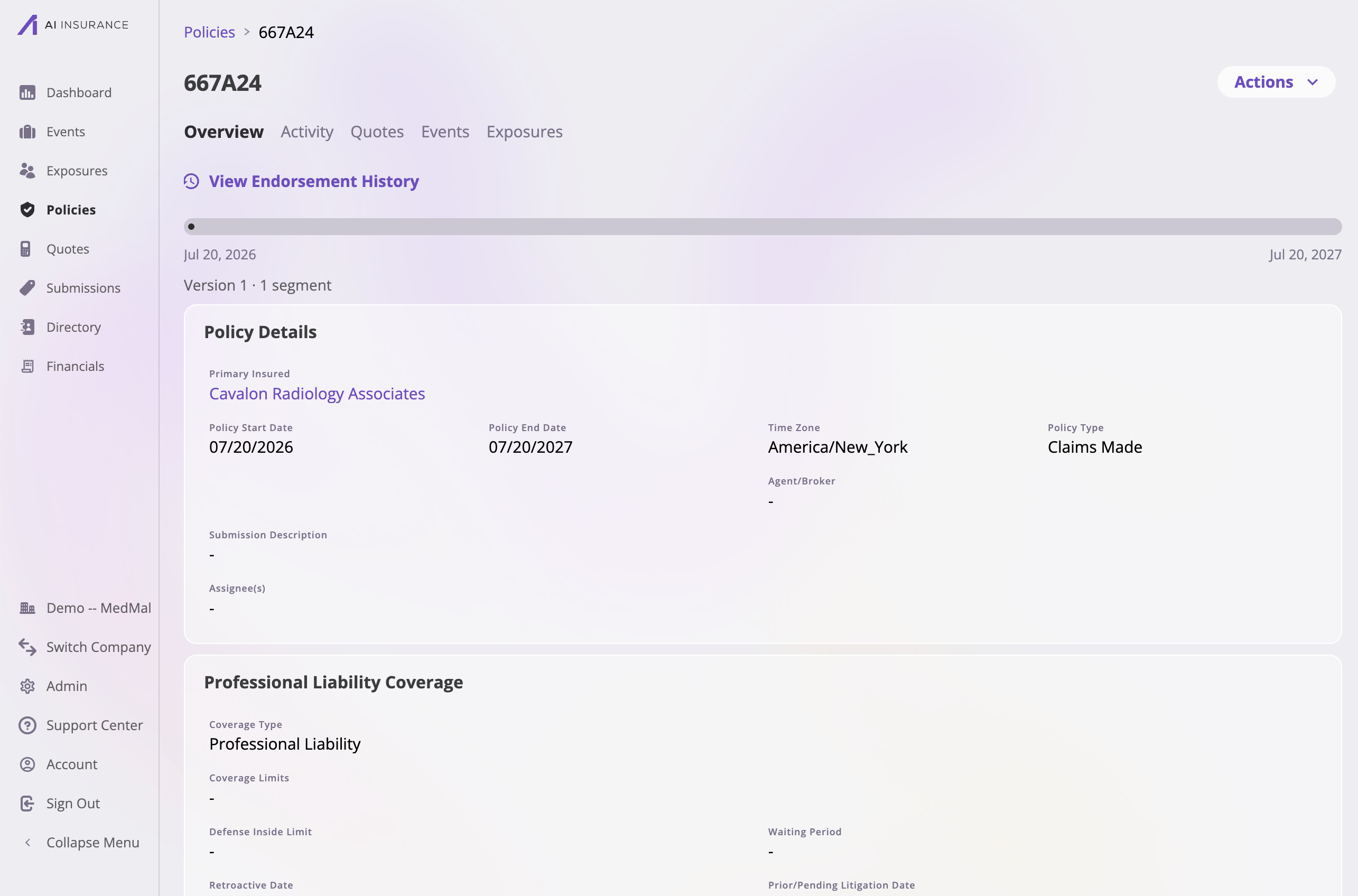 A policy detail page immediately after binding, showing the policy number as the page title, an Actions menu, the Overview tab with a policy term timeline bar, a 'Version 1 · 1 segment' caption, and the policy's field cards.