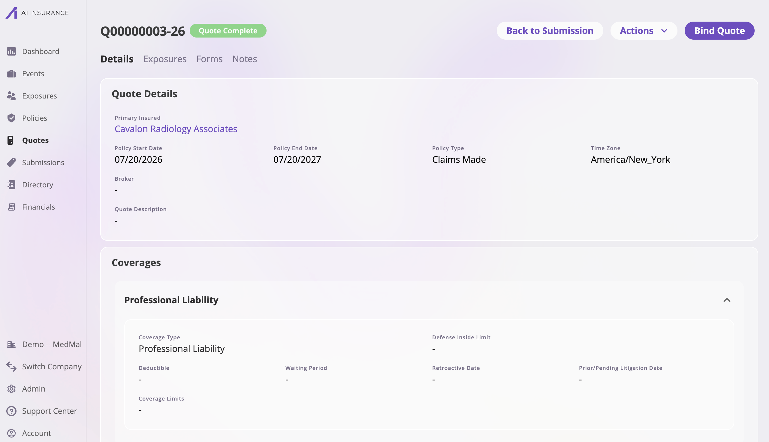 A quote detail page showing the quote number with a Quote Complete status tag, an Actions dropdown containing Bind Quote, Copy Quote, Cancel Quote, and Delete Quote, and a prominent purple Bind Quote button at the top right.