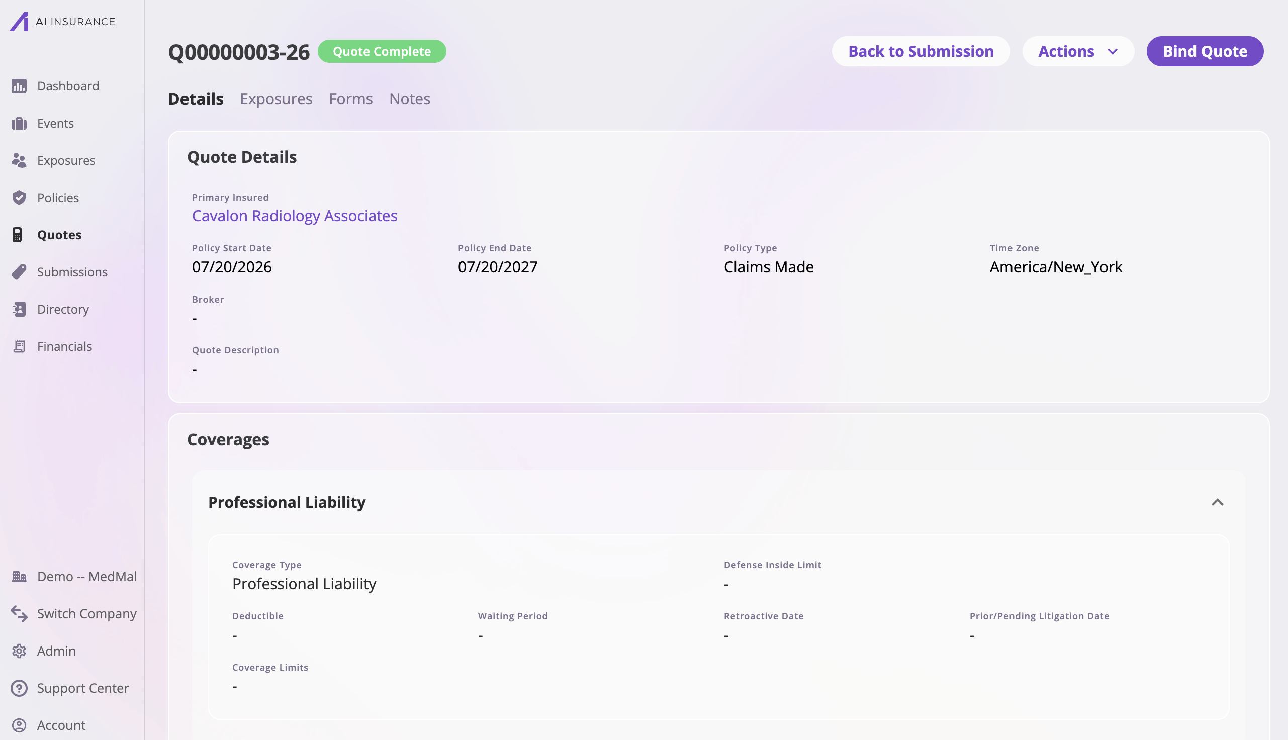 A quote detail page with the quote number, a Quote Complete status tag, Back to Submission, an Actions dropdown, and a prominent Bind Quote button.