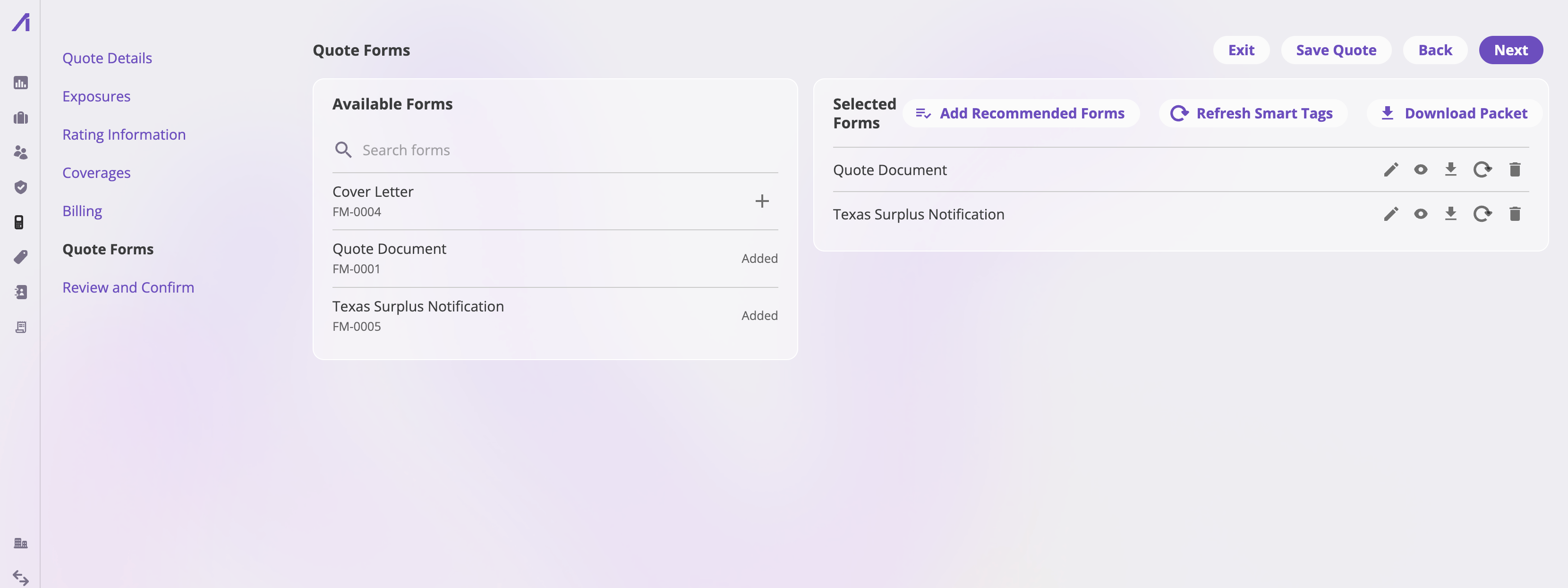 The quote wizard Forms step showing a form template picker on the left and a Selected Forms card on the right with Add Recommended Forms, Refresh Smart Tags, and Download Packet buttons and per-row edit, preview, download, refresh, and remove actions.
