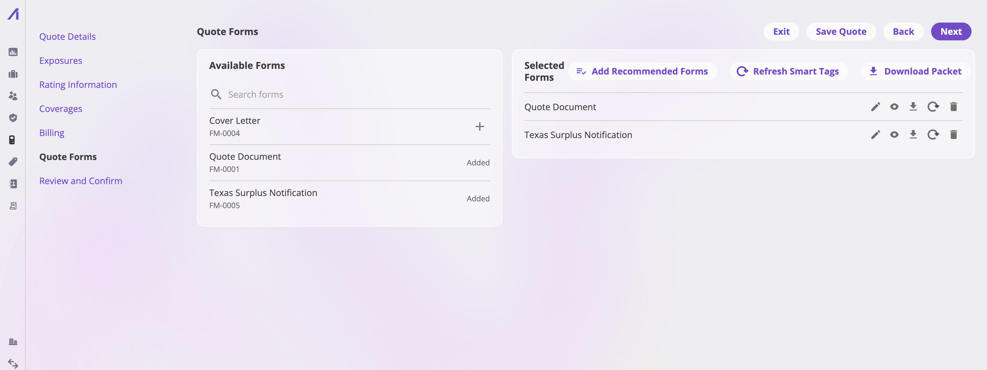 The quote wizard Forms step showing a form template picker on the left and a Selected Forms card on the right with Add Recommended Forms, Refresh Smart Tags, and Download Packet buttons and per-row edit, preview, download, refresh, and remove actions.