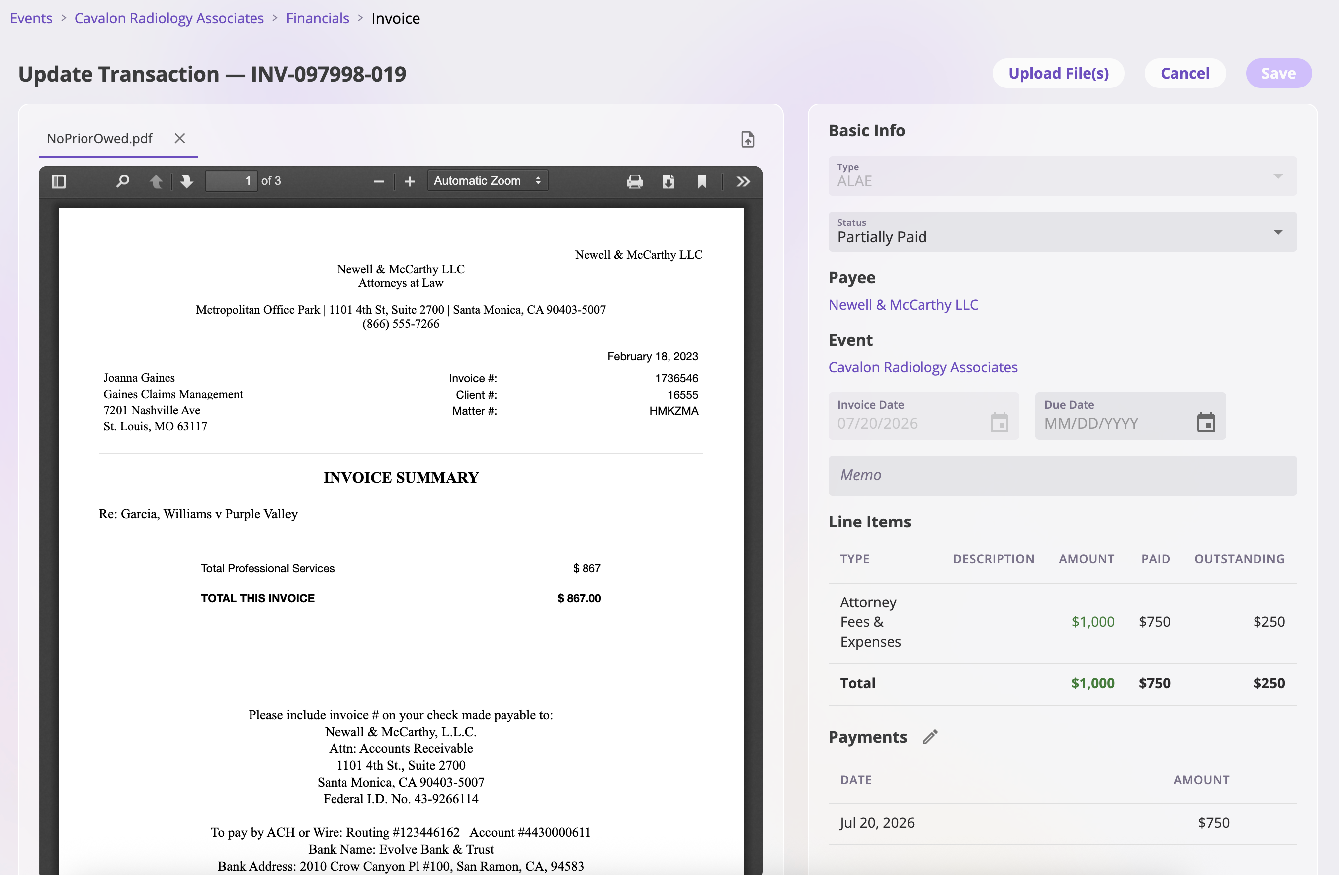 The Update Transaction modal showing a read-only invoice with payee, invoice date, editable due date, a line items table with Amount, Paid, and Outstanding columns, attachments, and footer buttons Cancel, Void Invoice, Itemize Partial Payments, and Mark Fully Paid.