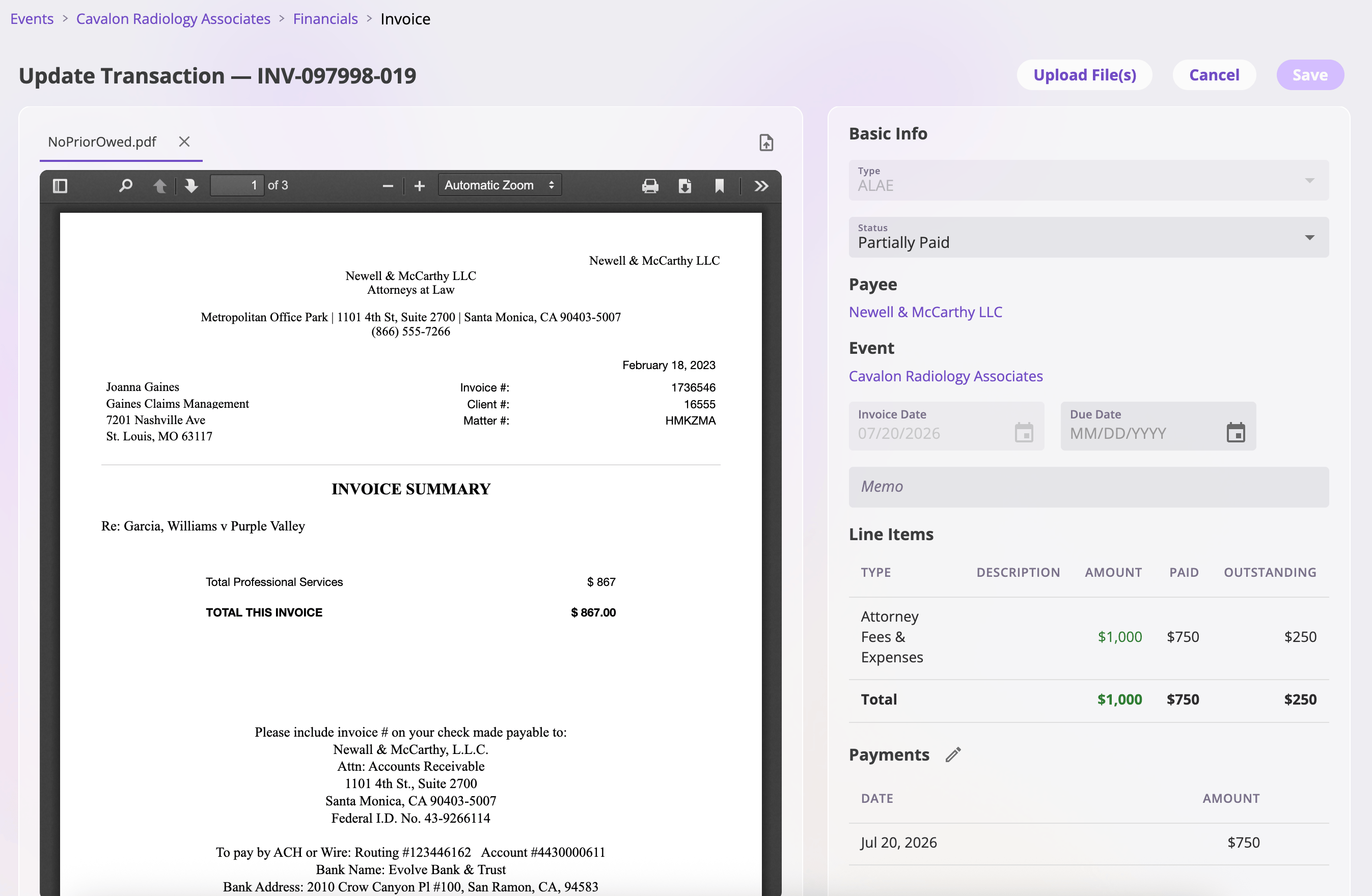 The Update Transaction modal showing a read-only invoice with payee, invoice date, editable due date, a line items table with Amount, Paid, and Outstanding columns, attachments, and footer buttons Cancel, Void Invoice, Itemize Partial Payments, and Mark Fully Paid.