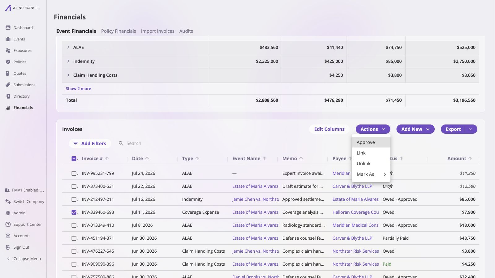 Full company-wide invoice list with an unapproved Owed invoice selected, the Actions menu showing Approve, and complete Owed · Approved and Partially Paid statuses visible in neighboring rows
