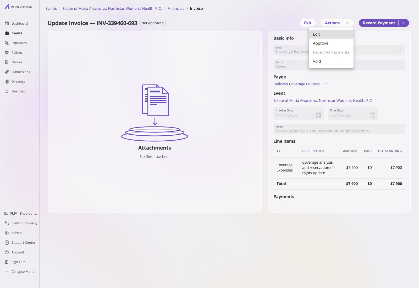 Full Update Invoice page for INV-339460-693 with the Actions menu open to Edit, Approve, Revert All Payments, and Void, plus its Owed status and line-item total