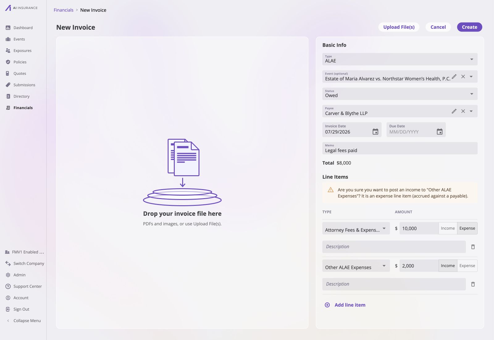 Full New Invoice page showing a $10,000 Expense line and a $2,000 Income entry on Other ALAE Expenses, with the opposing-direction warning and an $8,000 total
