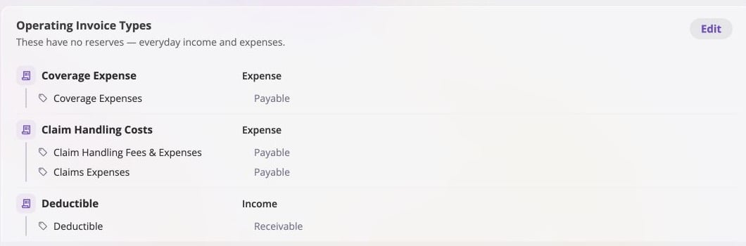 Focused Event Invoice Types configuration showing Coverage Expense and Claim Handling Costs as Expense with Payable line items, and Deductible as Income with a Receivable line item
